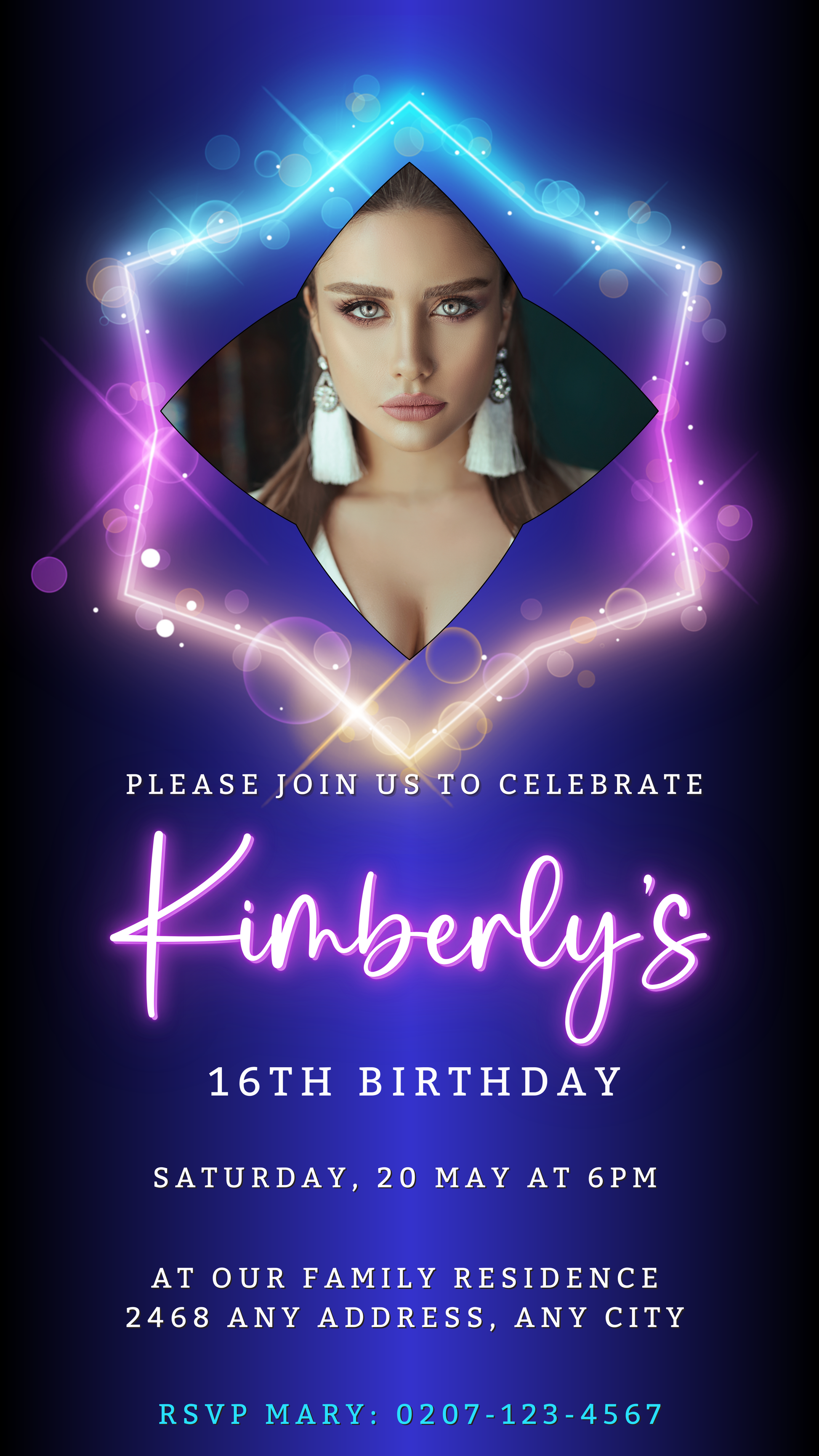 Customizable digital birthday party evite featuring a woman's face in a diamond-shaped frame, designed for easy personalization with Canva, perfect for smartphone sharing.