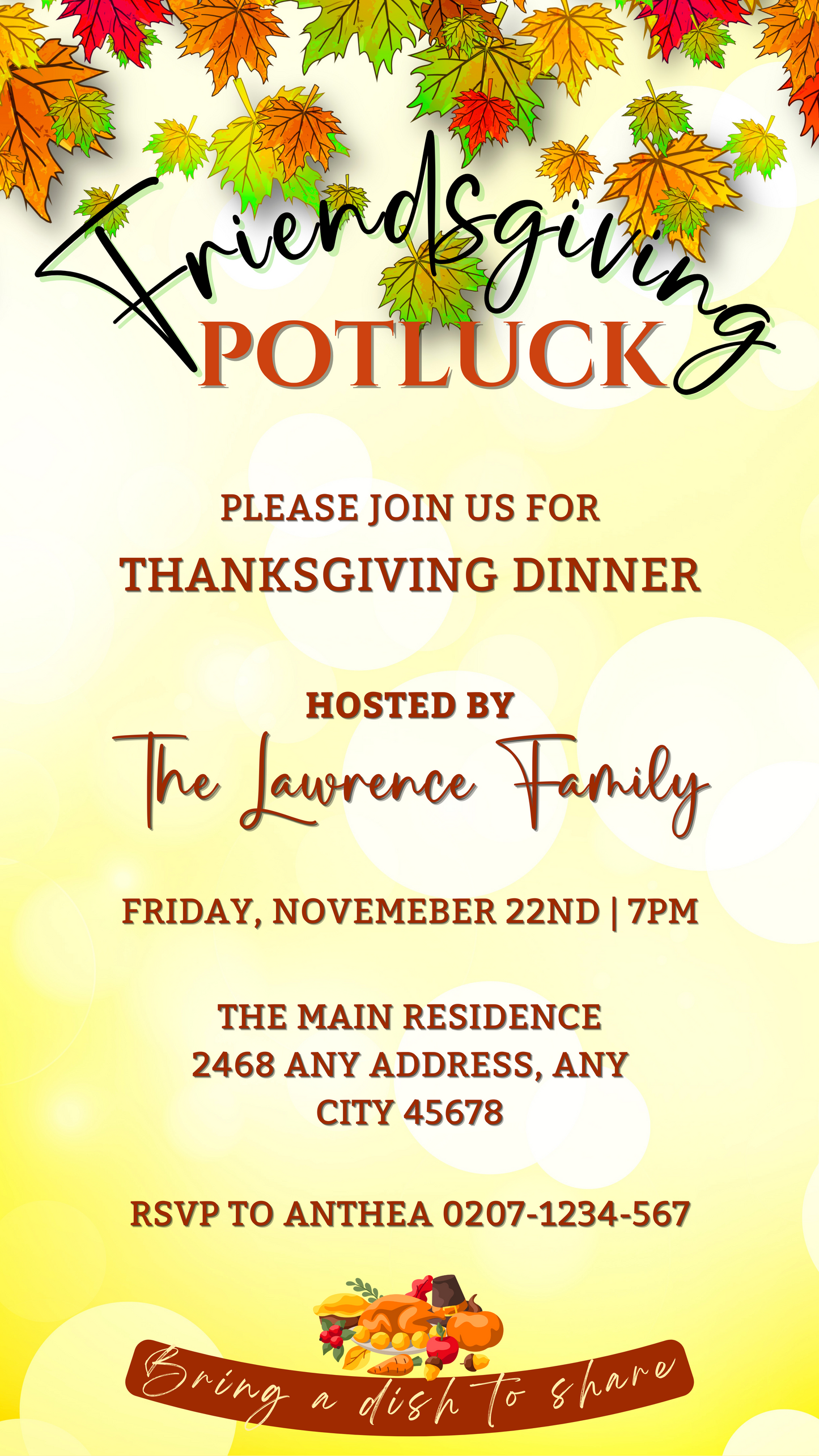 Friendsgiving Potluck Autumn Leaves Thanksgiving Dinner Evite with customizable white and yellow design featuring green leaves, editable text, and invitation video template.