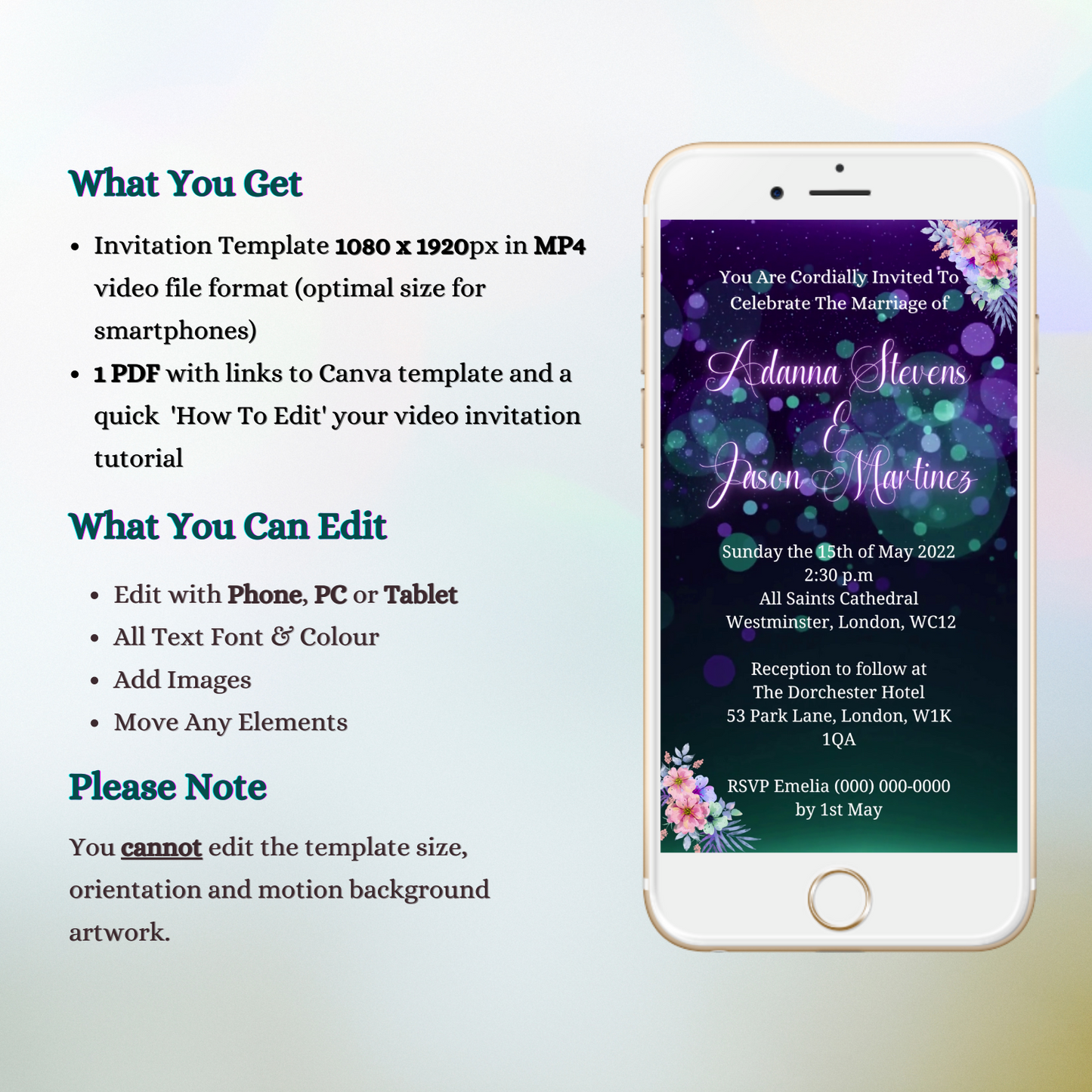 White smartphone displaying a customisable Green Lilac Floral Wedding Video Invitation template, designed for editing and sharing via mobile devices.
