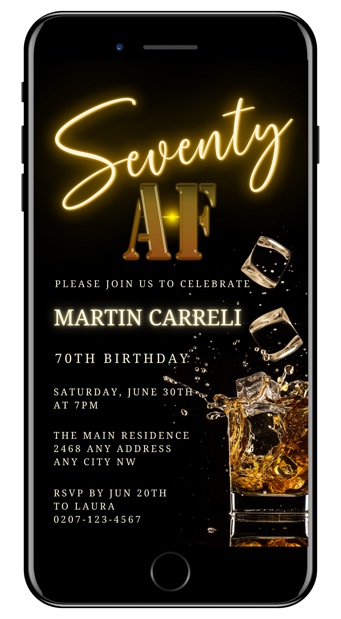 Customizable Black Gold Neon Cube Splash 70AF Birthday Evite, displayed on a smartphone screen with text and ice cube graphics. Downloadable and editable via Canva.
