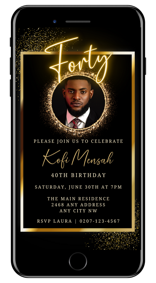 Digital Neon Gold Oval Photo Frame for 40th Birthday Evite shown on a phone, featuring a man in a suit and tie.