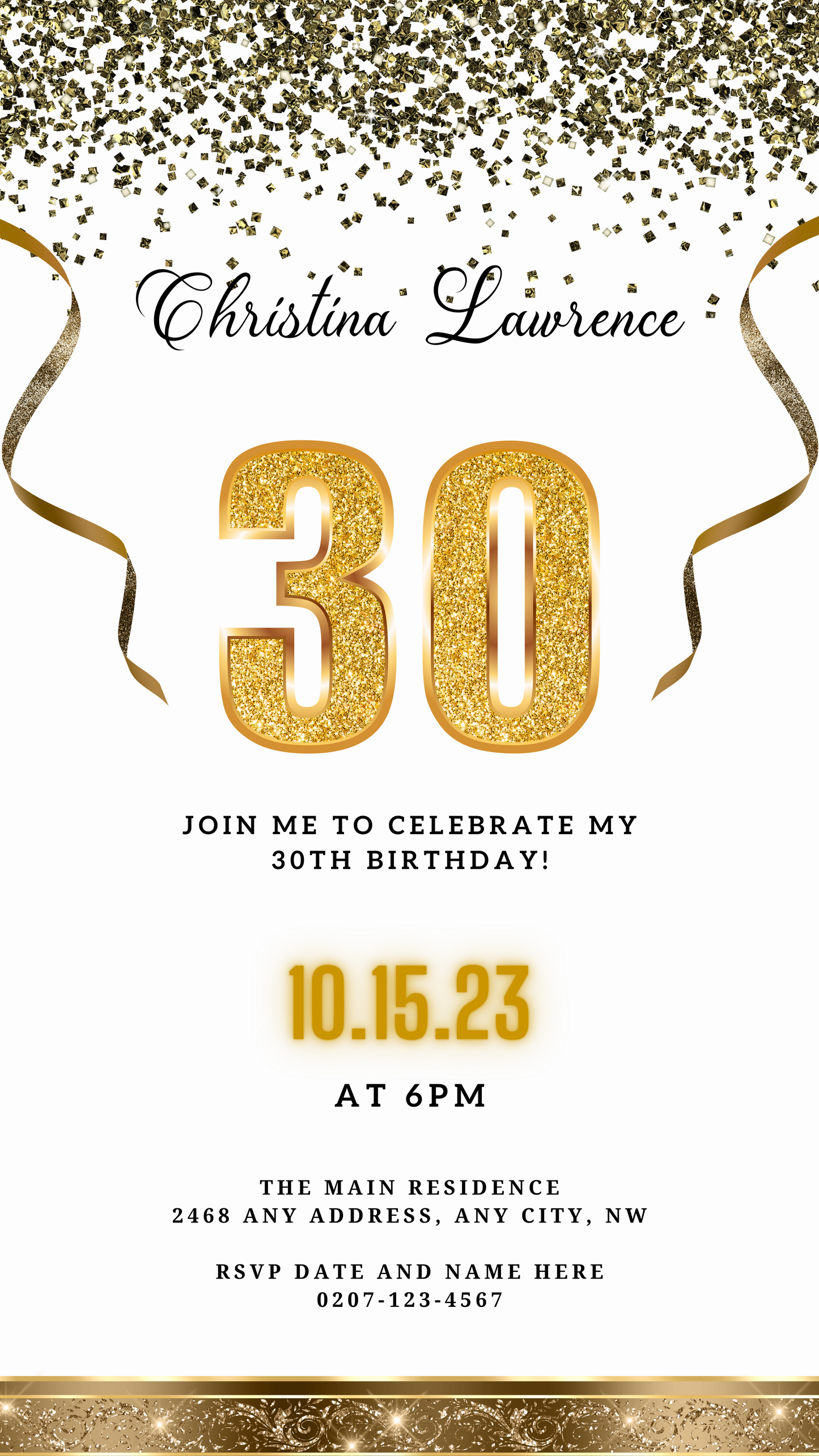 White Gold Confetti 30th Birthday Evite with gold numbers and glittery ribbons, customizable via Canva for digital sharing.