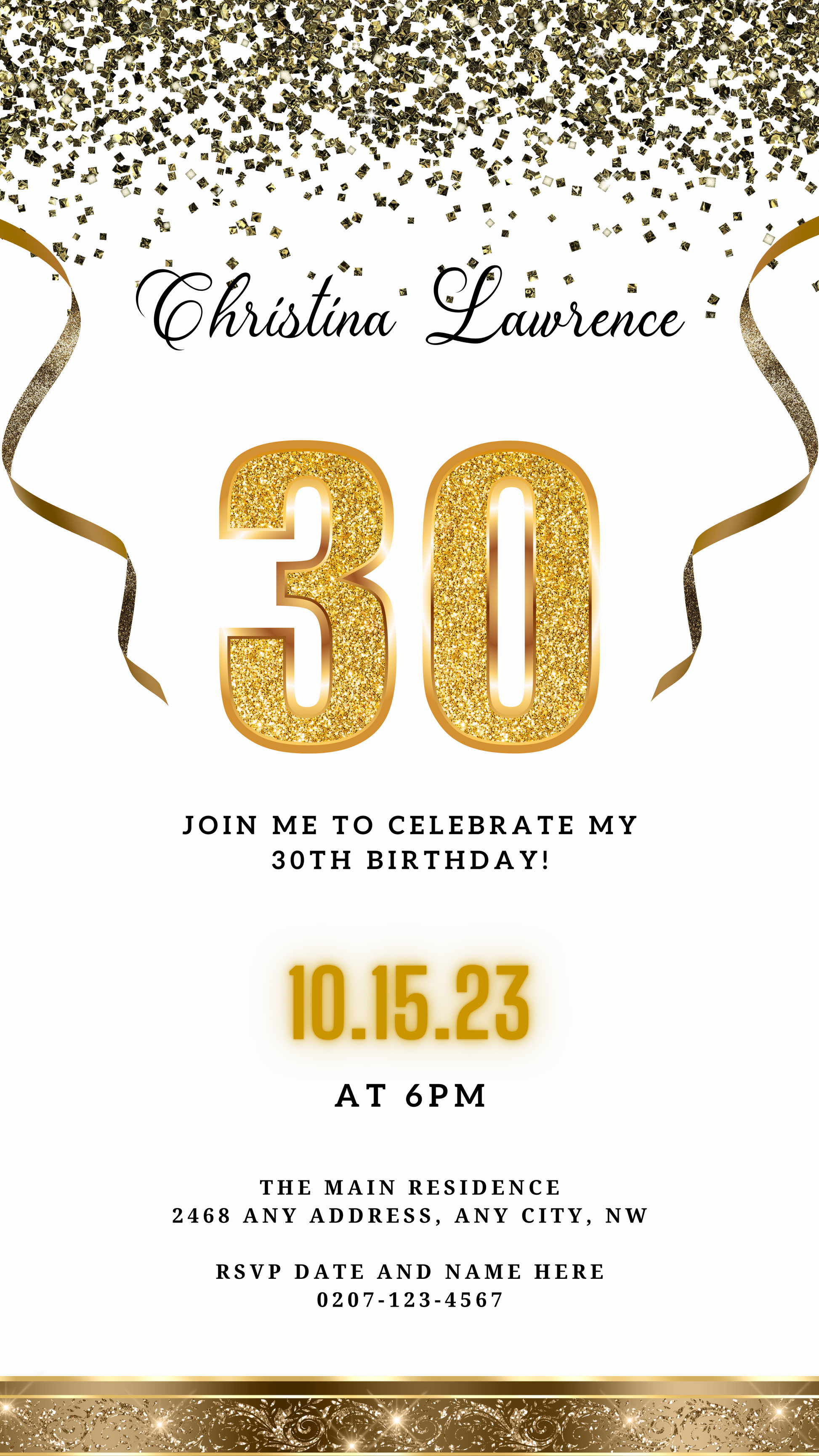 White Gold Confetti 30th Birthday Evite with gold numbers and glittery ribbons, customizable via Canva for digital sharing.
