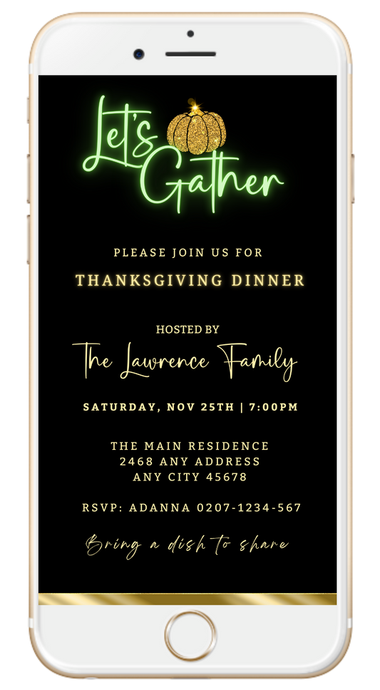 Personalizable Green Neon Black Gold Pumpkin Thanksgiving Dinner Evite displayed on a phone screen.
