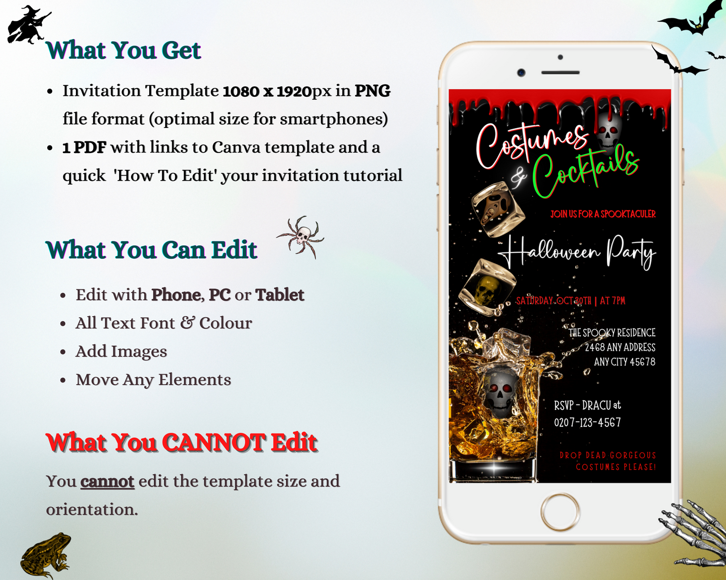 White cell phone displaying Costumes & Cocktails Cubes Glass of Skulls | Halloween Party Evite with Halloween-themed graphics and customization instructions.