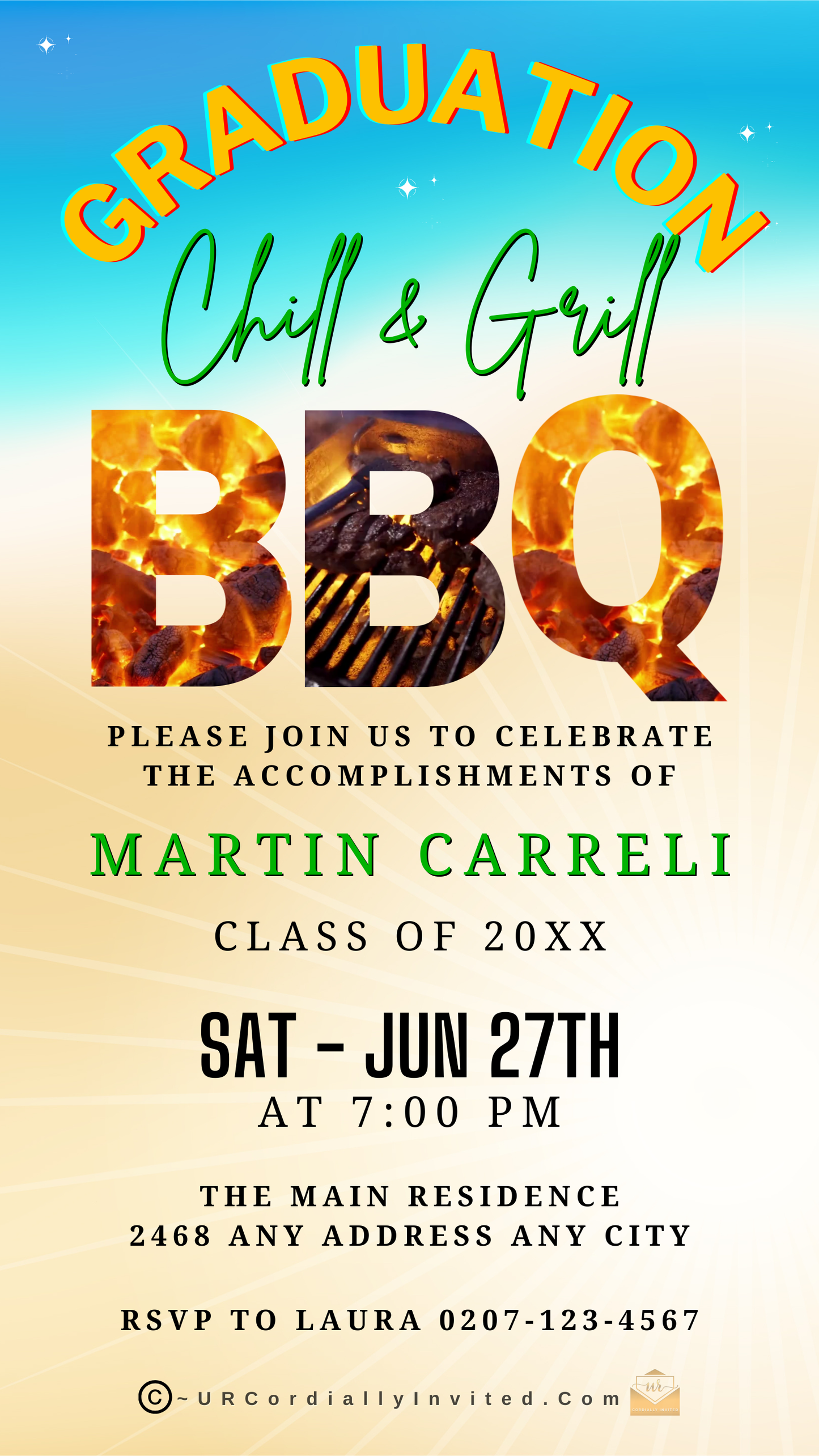 Graduation BBQ Video Invitation featuring a grill, flames, and decorative text, customizable for a Chill & Grill Party via Canva.
