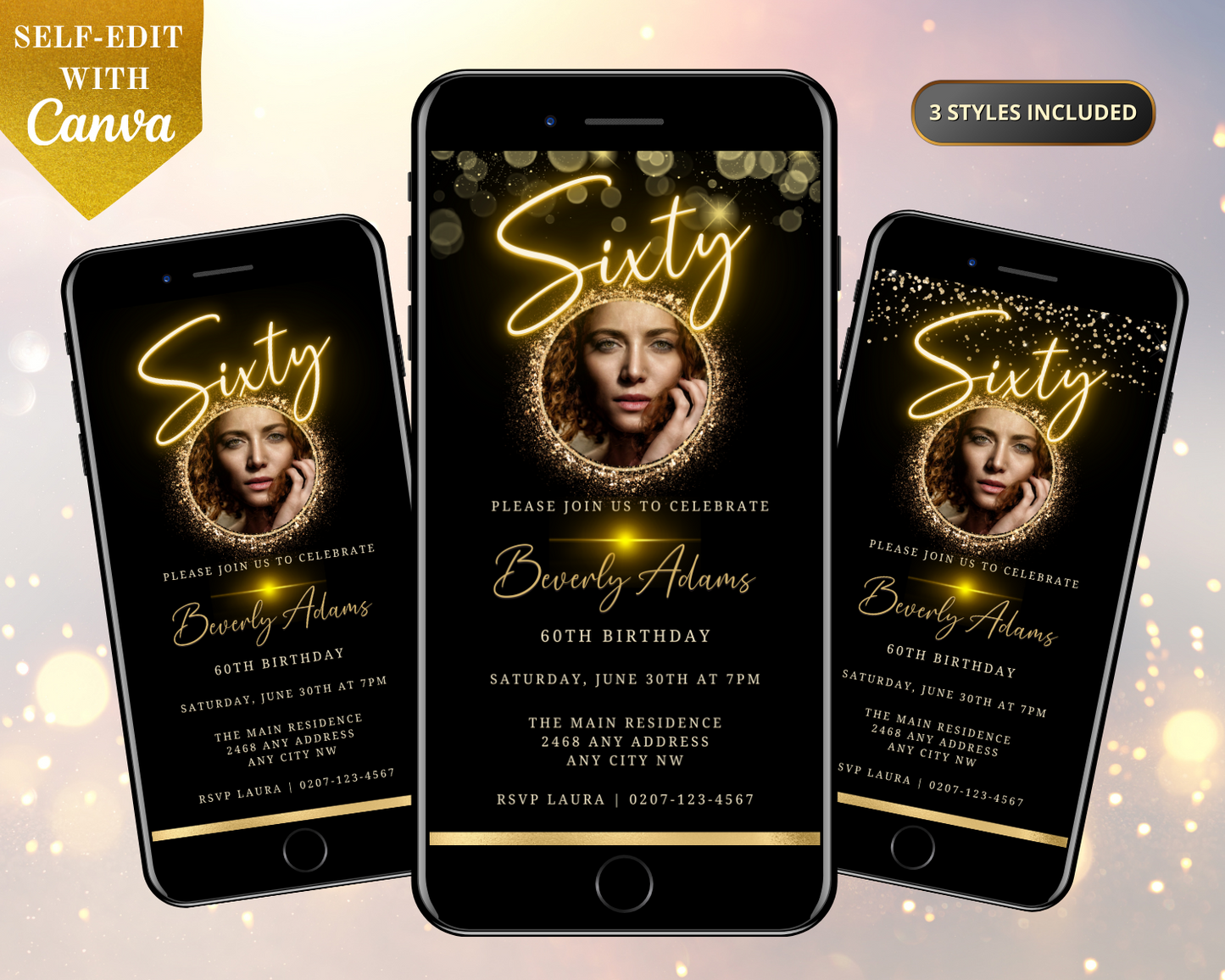 Group of smartphones displaying a customizable 60th Birthday Evite with a woman's photo and gold neon oval frame from URCordiallyInvited.