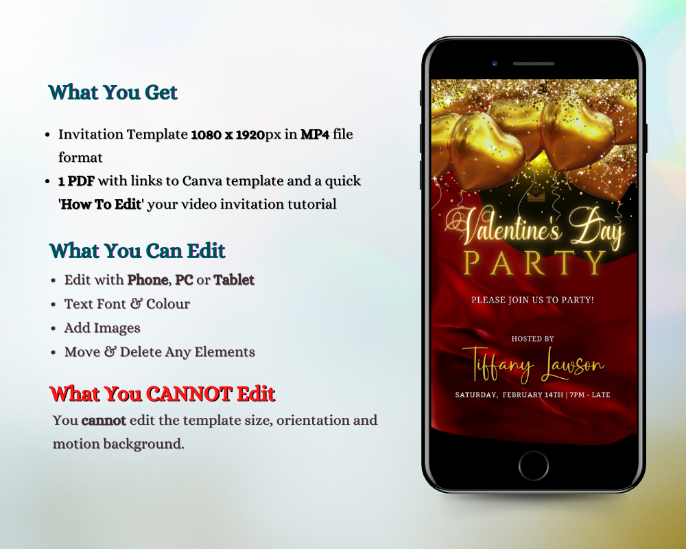 Editable Digital Red Silk Neon Gold Heart Balloons | Valentines Party Invite displayed on a smartphone screen with customizable text and sparkling gold heart visuals.