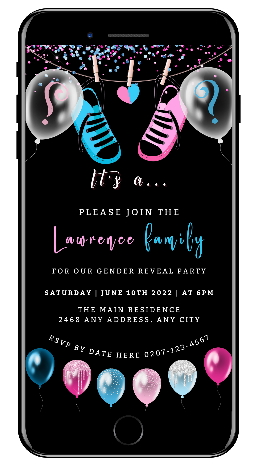 Black and pink baby shower invitation with shoes and balloons, customizable digital template for gender reveal evite, editable in Canva.