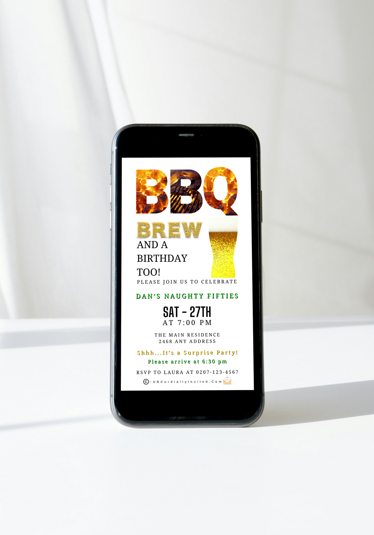 BBQ & Brew Birthday Invitation on smartphone screen, showcasing a customizable digital video party invite template available for editing in Canva.