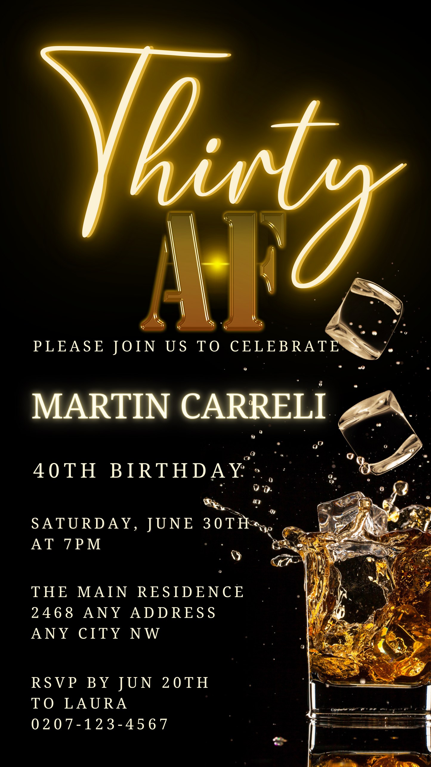 Gold Neon Splashing Cubes | 30AF Birthday Evite: Black and gold digital invitation with ice cube design, customizable via Canva for smartphone use.