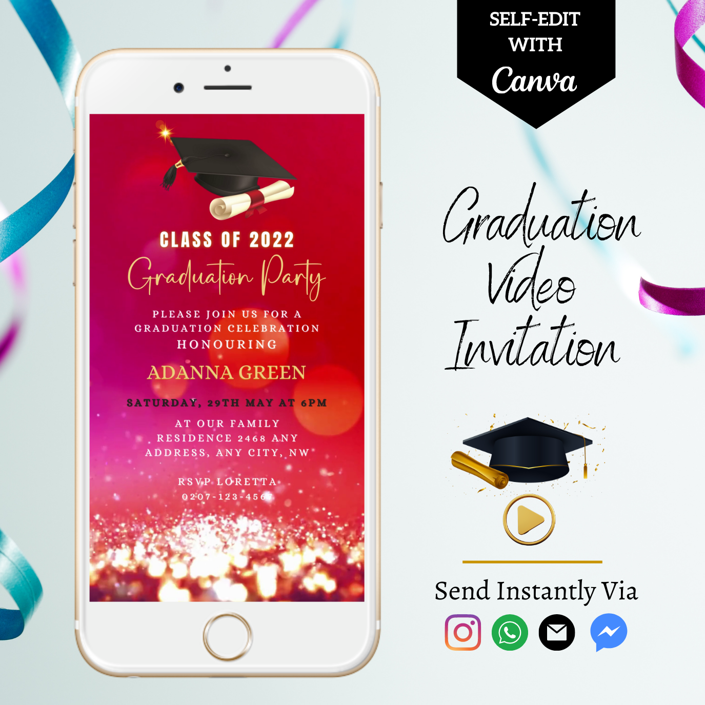 Fuchsia Gold Glitter Graduation Video Invitation displayed on a smartphone, customizable via Canva for digital sharing.
