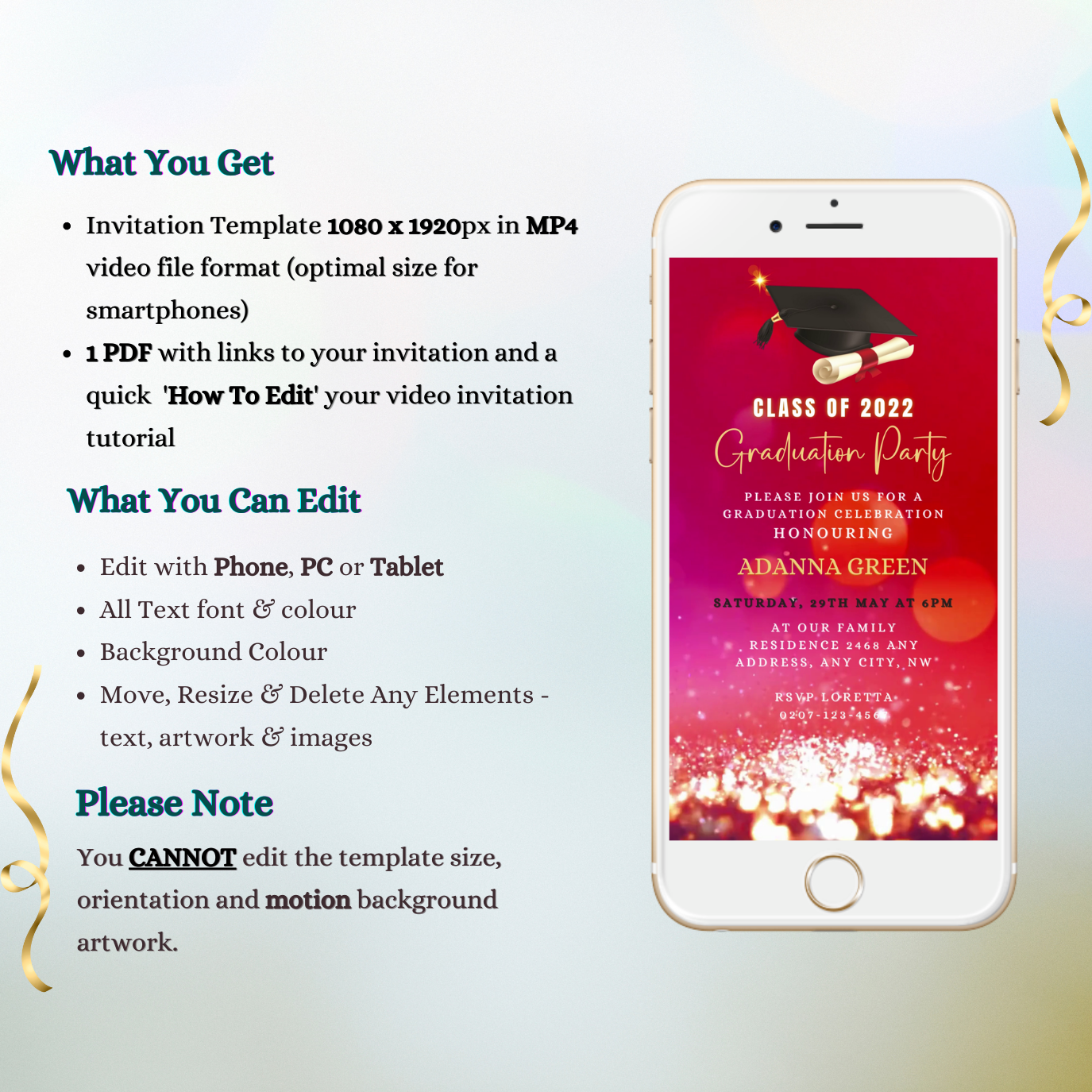 White smartphone displaying a customizable Fuchsia Gold Glitter Graduation Video Invitation with a graduation cap graphic.