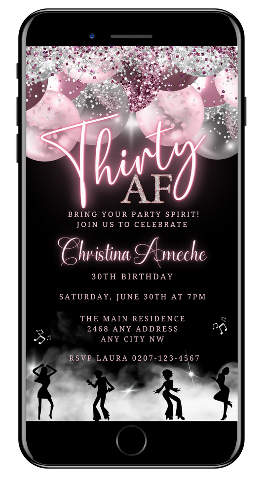 Mauve Pink Silver Neon | 30AF Birthday Evite displayed on a smartphone screen with pink and silver balloons and silhouettes of people celebrating.