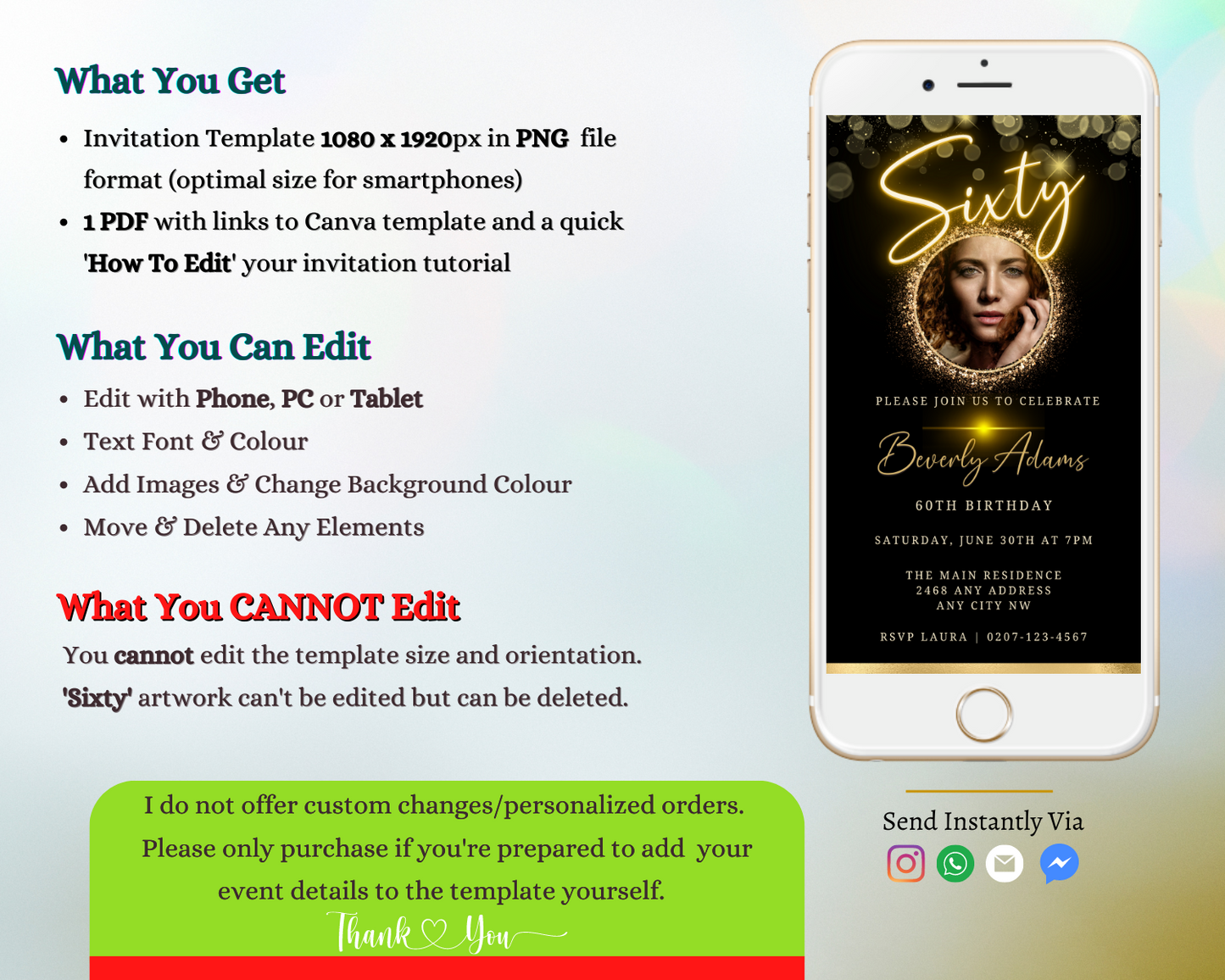 Gold Neon W/Oval Photo Frame 60th Birthday Evite displayed on a white smartphone screen, featuring a customizable invitation template with a woman's photo and editable text elements.