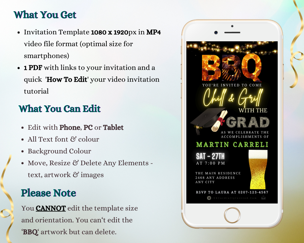 White smartphone displaying a customizable BBQ Chill & Grill | Graduation Video Invitation template for editing and sharing event details via Canva.