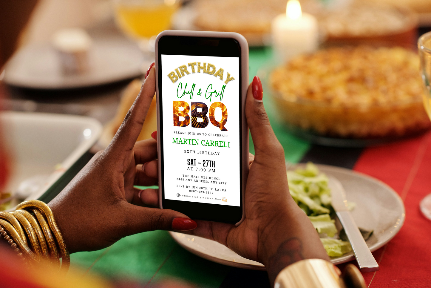 Birthday BBQ Chill & Grill Invitation – Editable Animated Design shows a person holding a phone, highlighting the digital invitation's customization via Canva for celebrations.