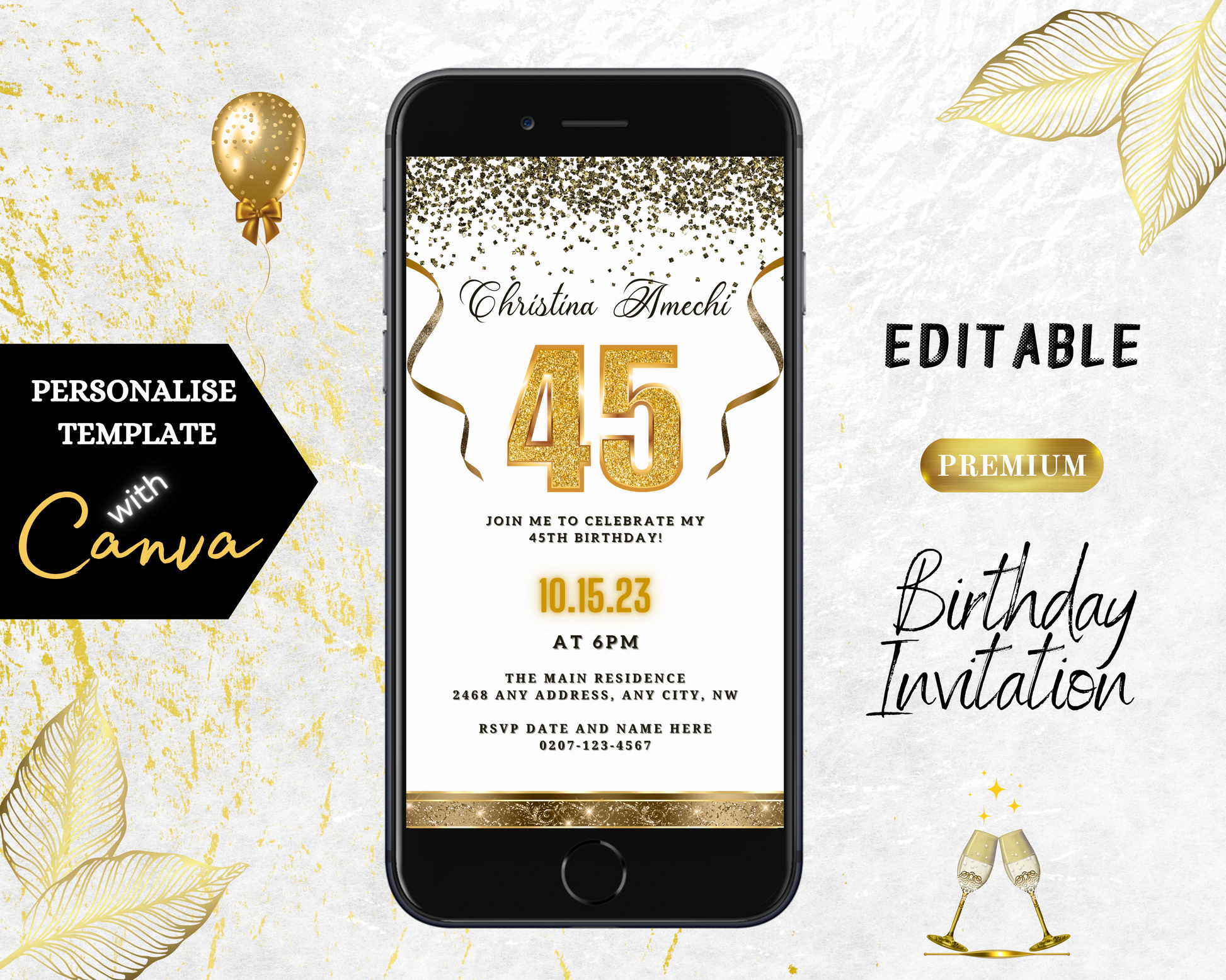 White Gold Confetti 45th Birthday Evite displayed on a smartphone screen with gold text and decorative elements.