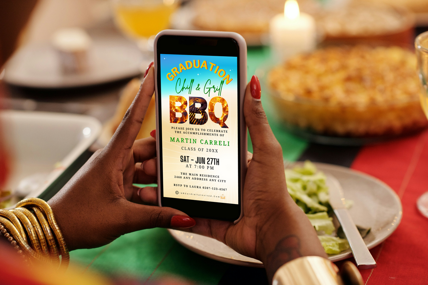 Graduation BBQ Video Invitation displayed on a smartphone, showcasing a customizable Chill & Grill Party theme for digital sharing via URCordiallyInvited.