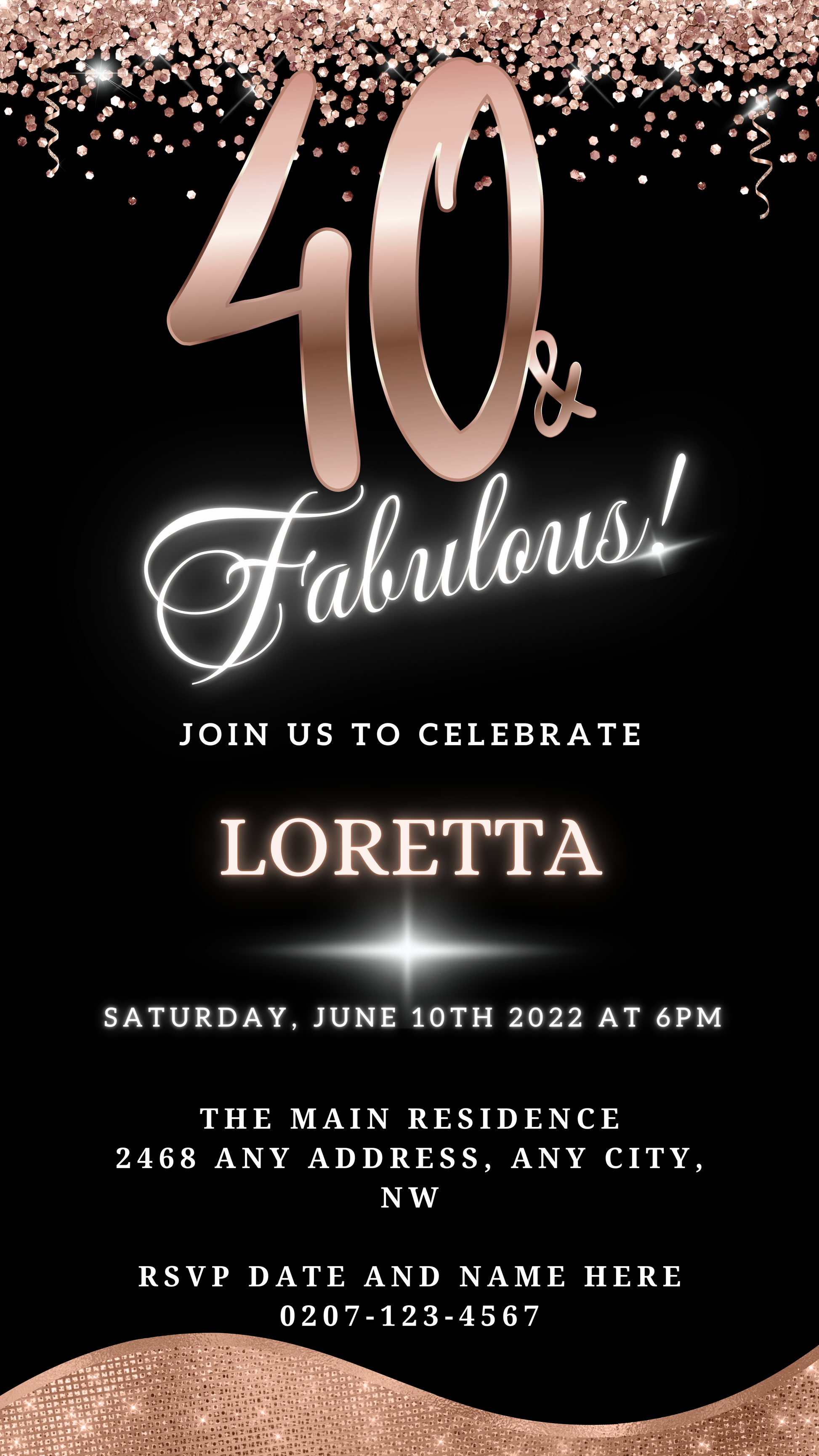 Rose Gold Glitter Black | 40 & Fabulous Party Evite featuring editable gold text on a black and white invitation, adorned with a pink ribbon and gold confetti.