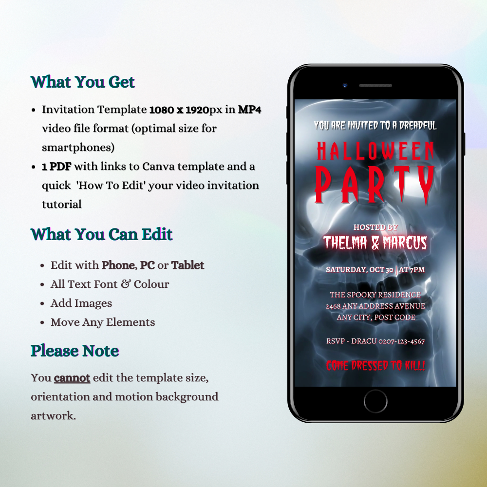 Spooky Lava Ghost Skull Halloween Party Video Invite displayed on a mobile phone screen.