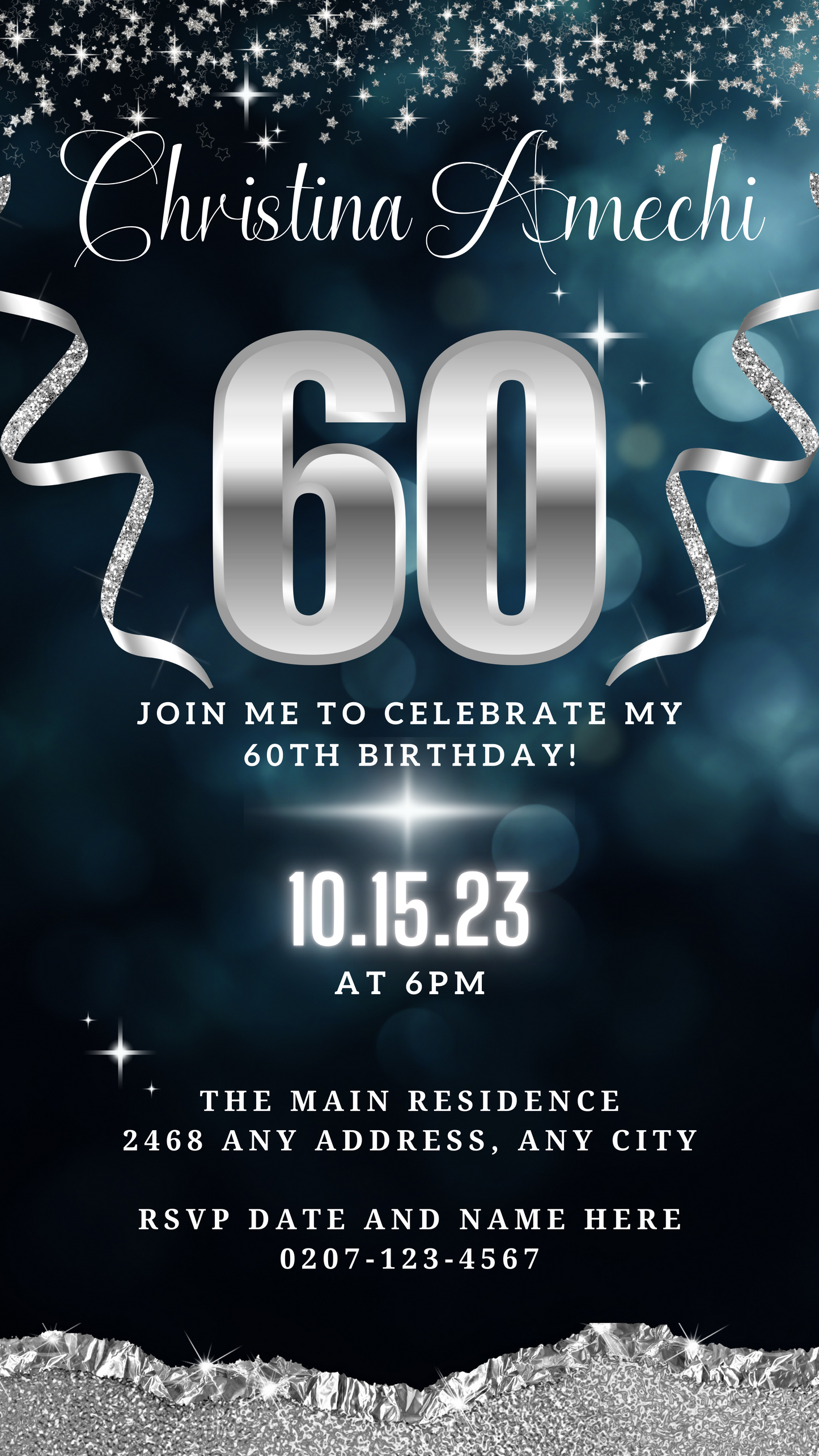 Navy Blue Silver Glitter 60th Birthday Evite with customizable text and silver ribbons, editable via Canva for digital invitations.