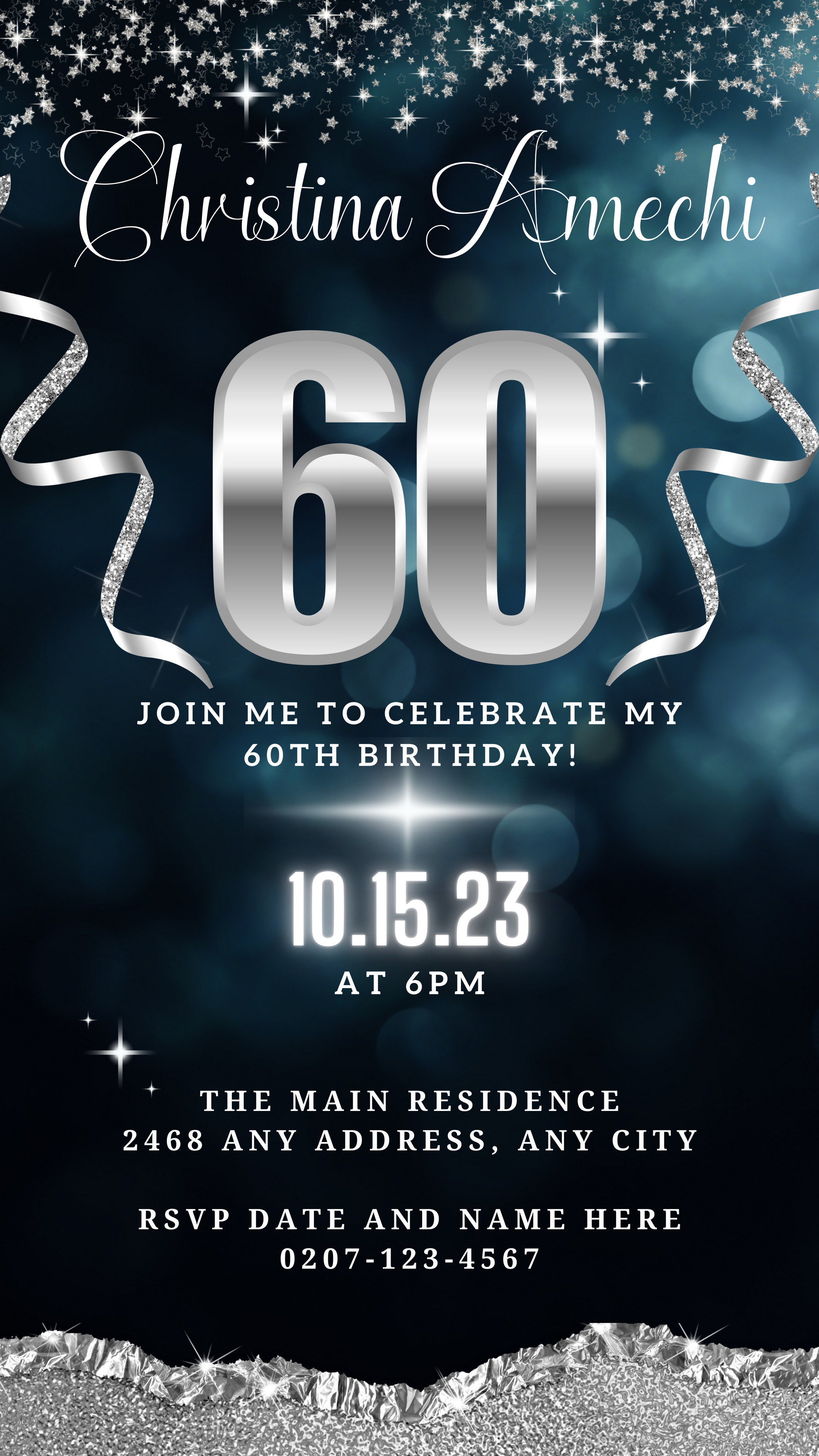 Navy Blue Silver Glitter 60th Birthday Evite with customizable text and silver ribbons, editable via Canva for digital invitations.