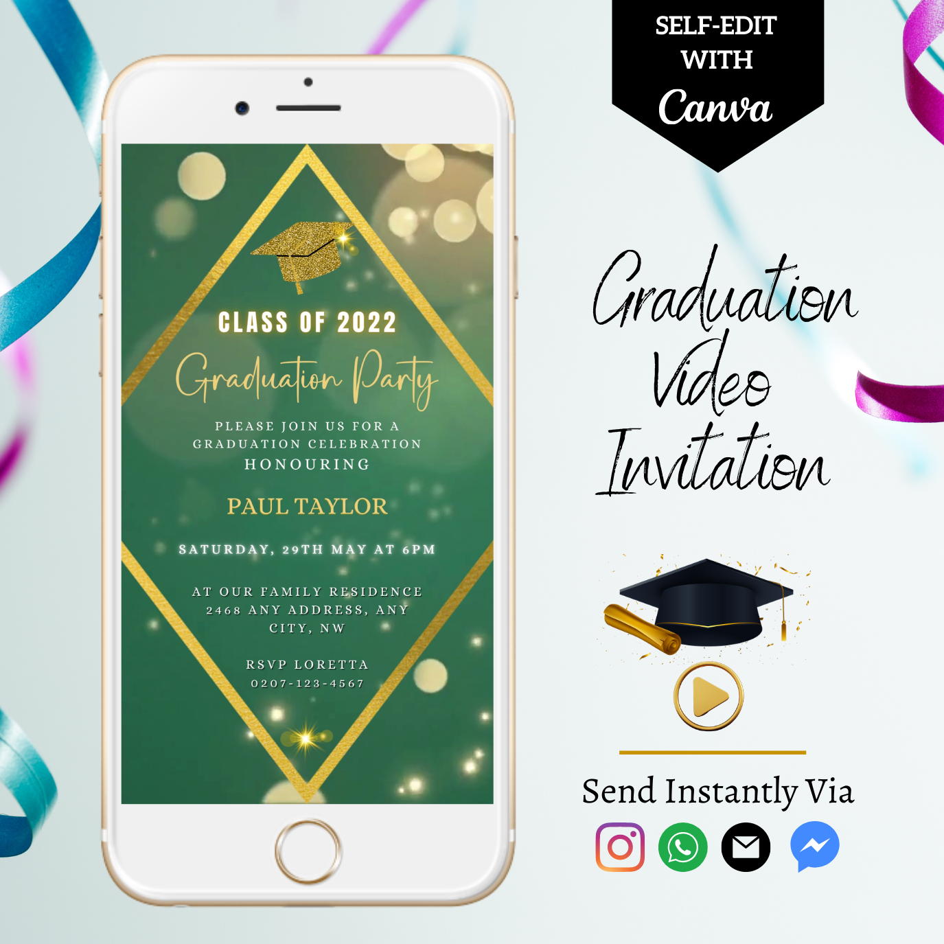 Customizable Green Gold Glitter Graduation Video Invitation for smartphones, featuring editable text and design elements. Ideal for sharing digitally via various messaging apps.