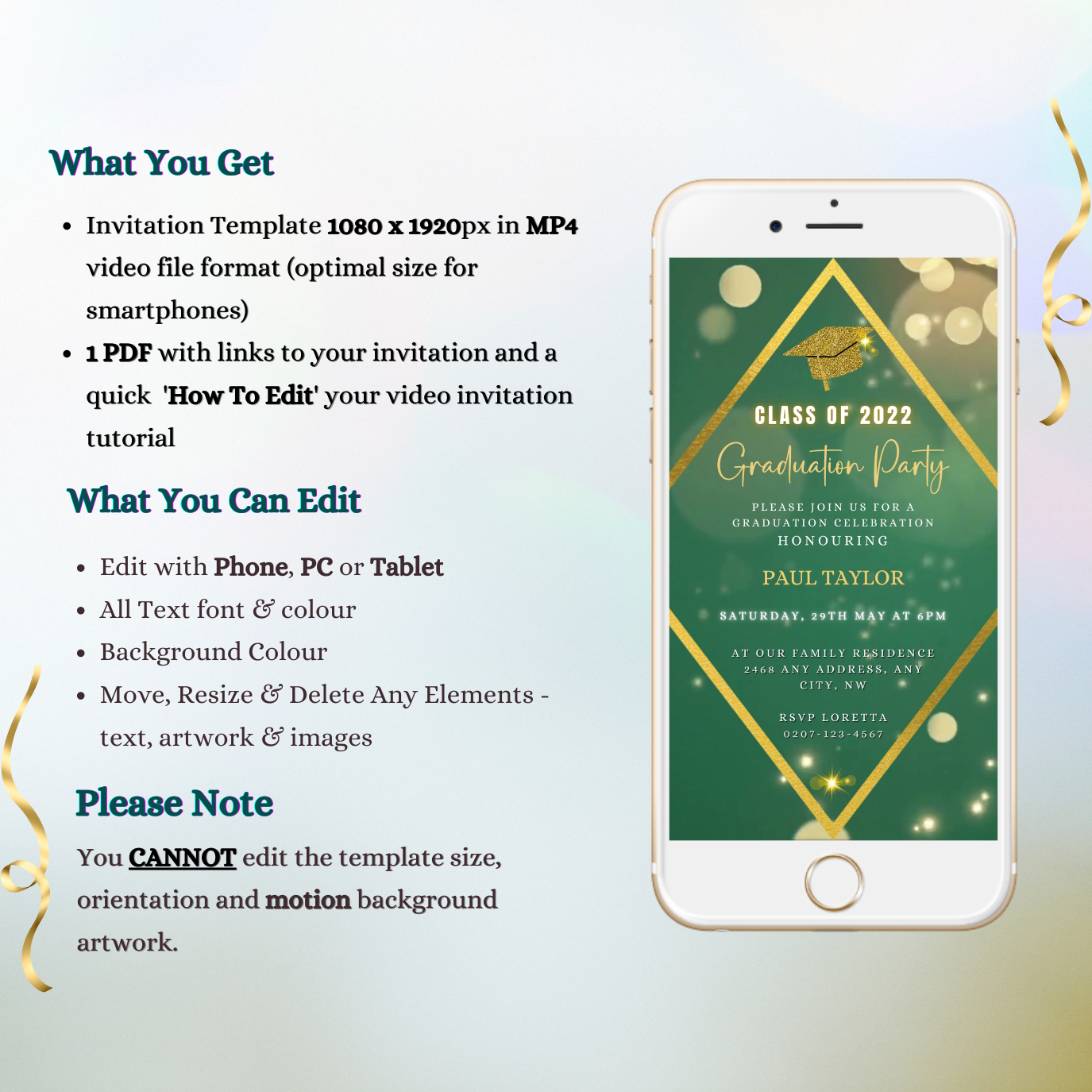 Customizable Digital Green Gold Glitter Graduation Video Invitation displayed on a white cellphone screen, personalized via Canva for sharing through digital platforms like WhatsApp and Email.