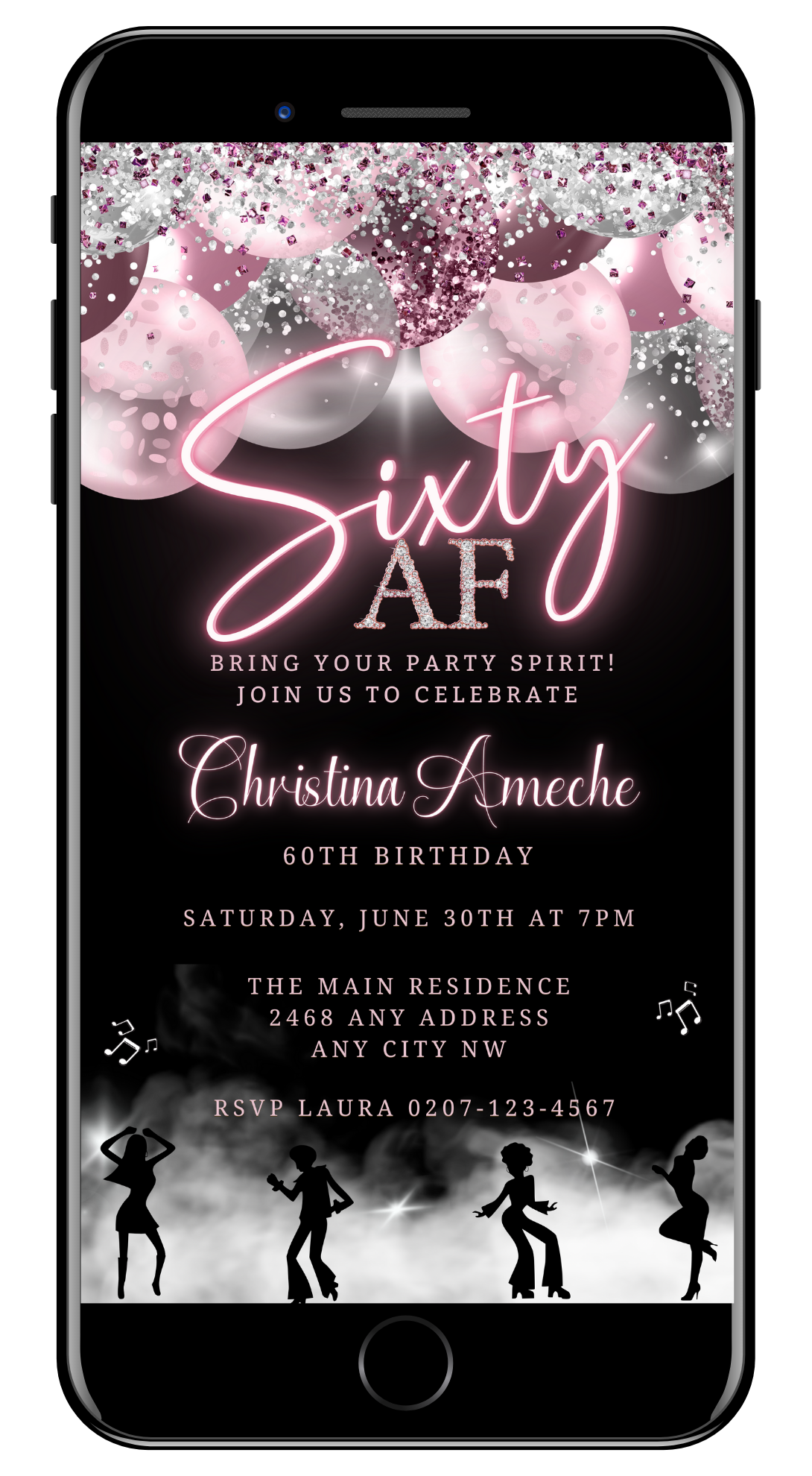 Customizable digital birthday invitation template displayed on a smartphone screen, featuring pink and white balloons and silhouettes. Downloadable and editable in Canva for electronic sharing.