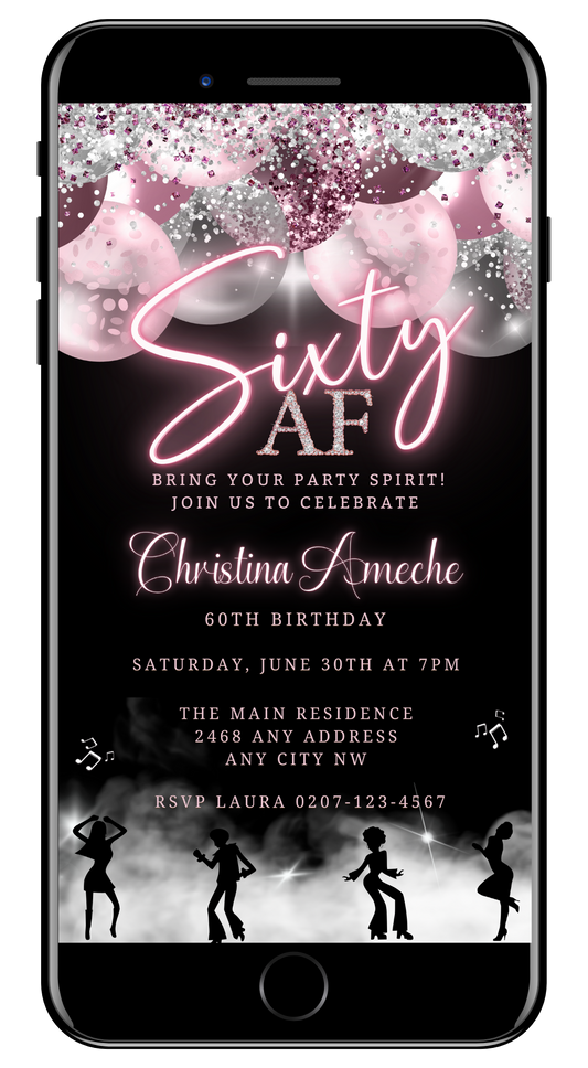 Customizable digital birthday invitation template displayed on a smartphone screen, featuring pink and white balloons and silhouettes. Downloadable and editable in Canva for electronic sharing.