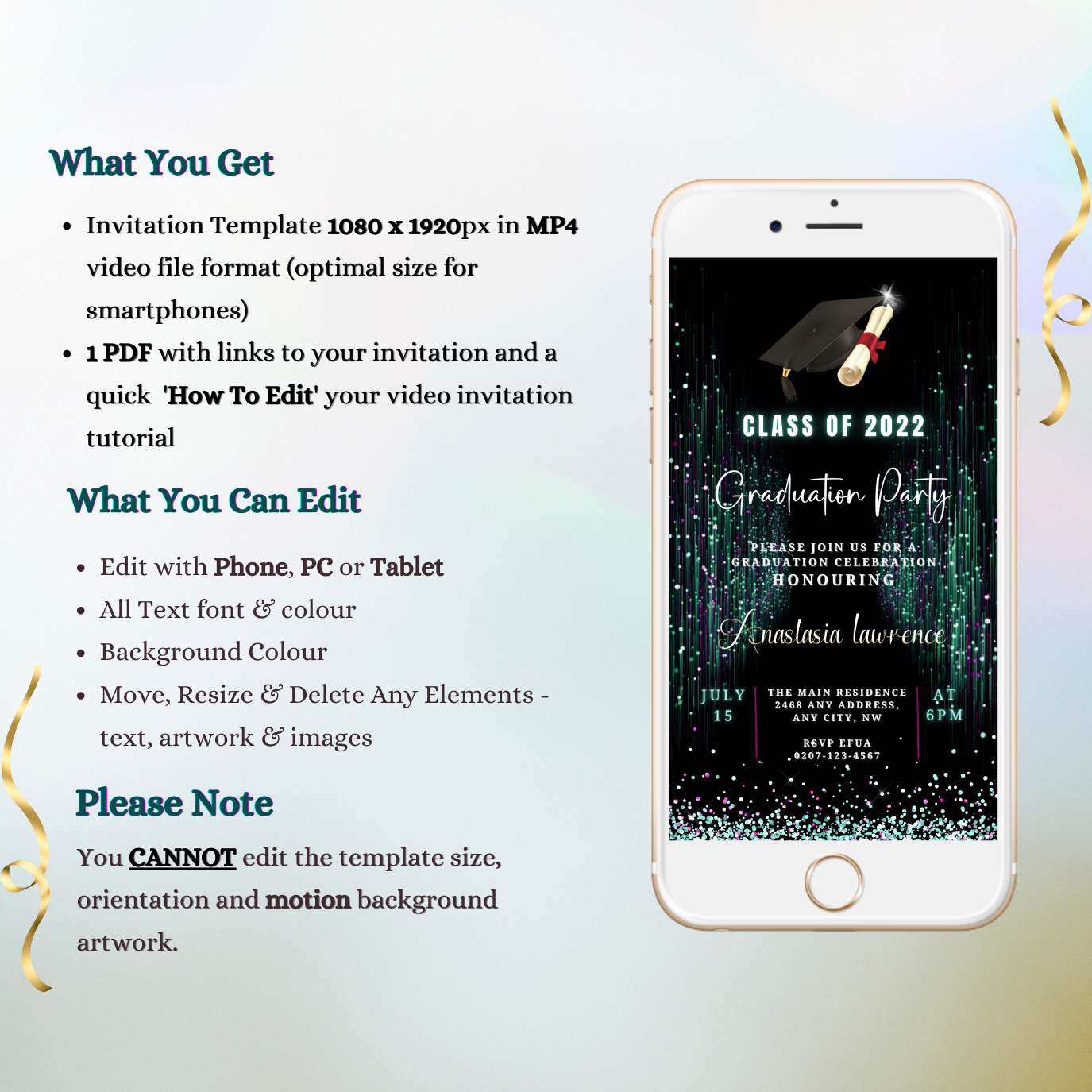 White cell phone displaying a customizable Green Purple Glitter Graduation Video Invitation template.