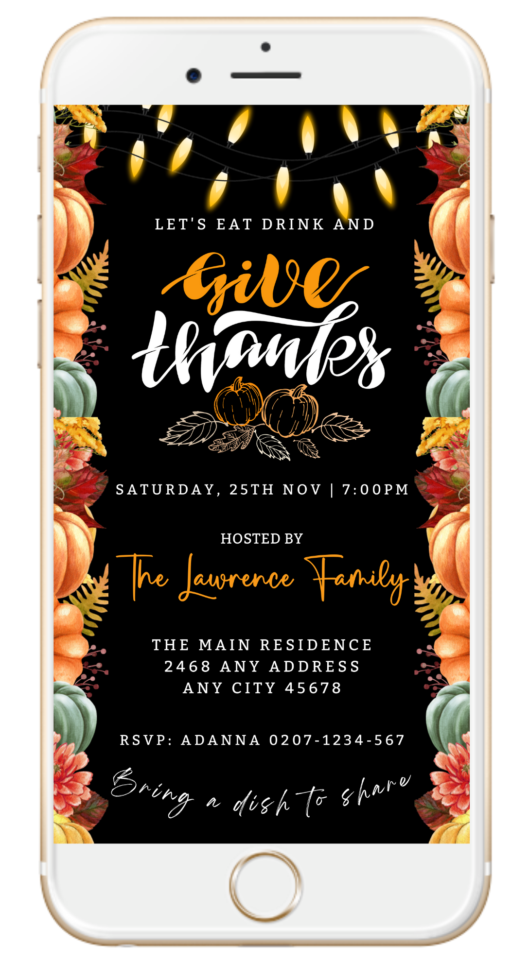 Cell phone screen displaying the Colourful Lit Leaves Pumpkins Black | Thanksgiving Evite template with editable text and graphics for customization via Canva.