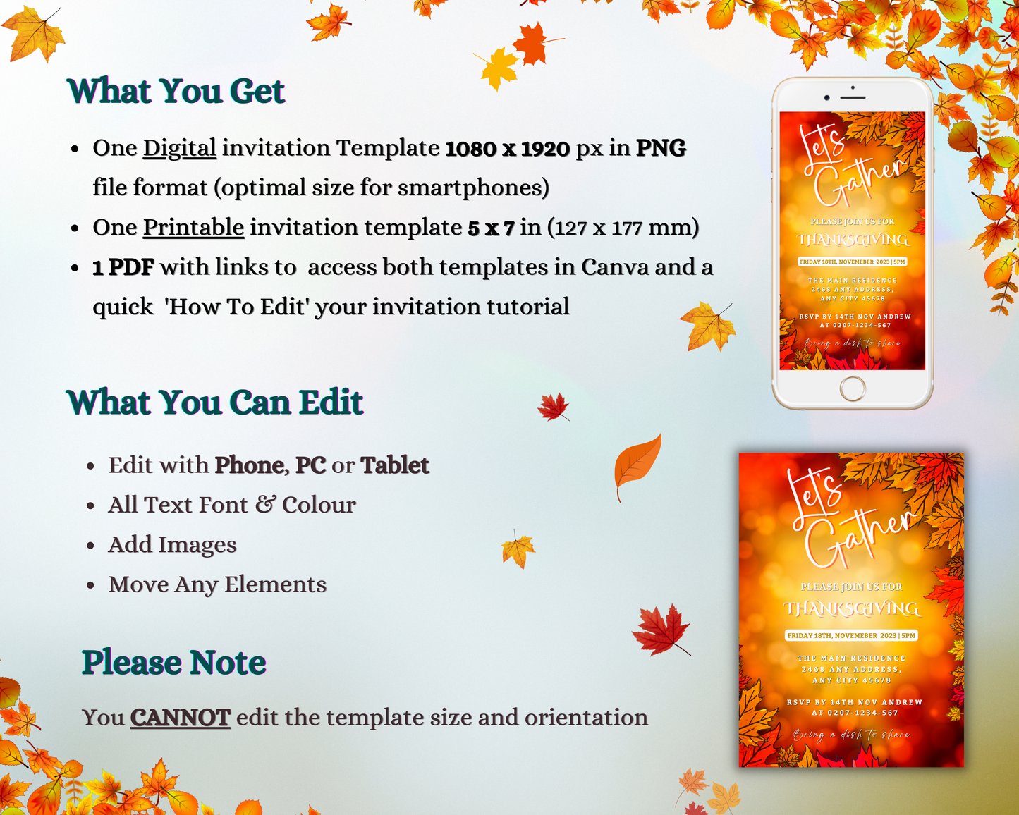 Thanksgiving Dinner Evite with fall leaves, showcasing a phone displaying the Let's Gather Orange Leaves Bokeh invitation and a card.