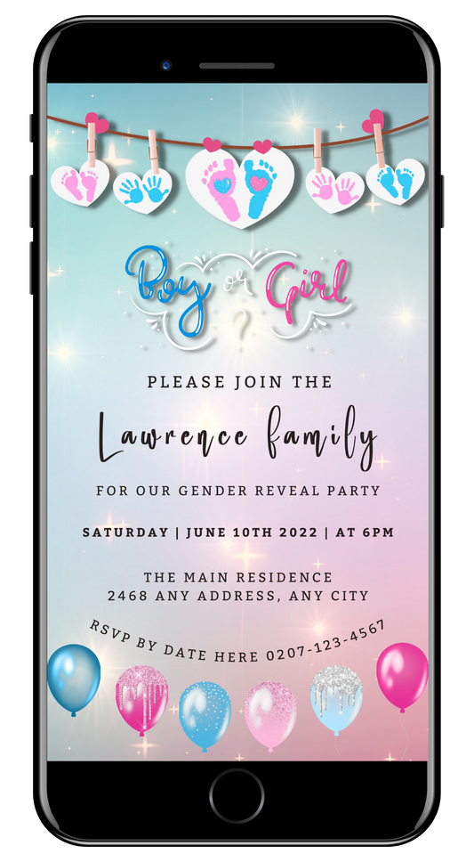 Cell phone displaying a customizable digital Sparkling Hanging Hearts | Gender Reveal Evite invitation, ready for personalization via Canva.