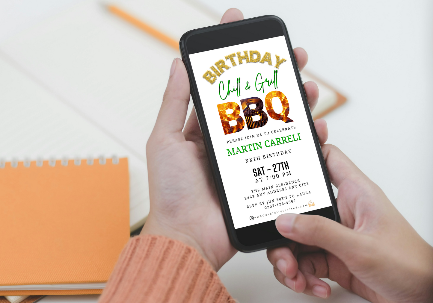 Hand holds phone displaying Birthday BBQ Chill & Grill Invitation, an editable animated design for customizable digital invites via Canva.