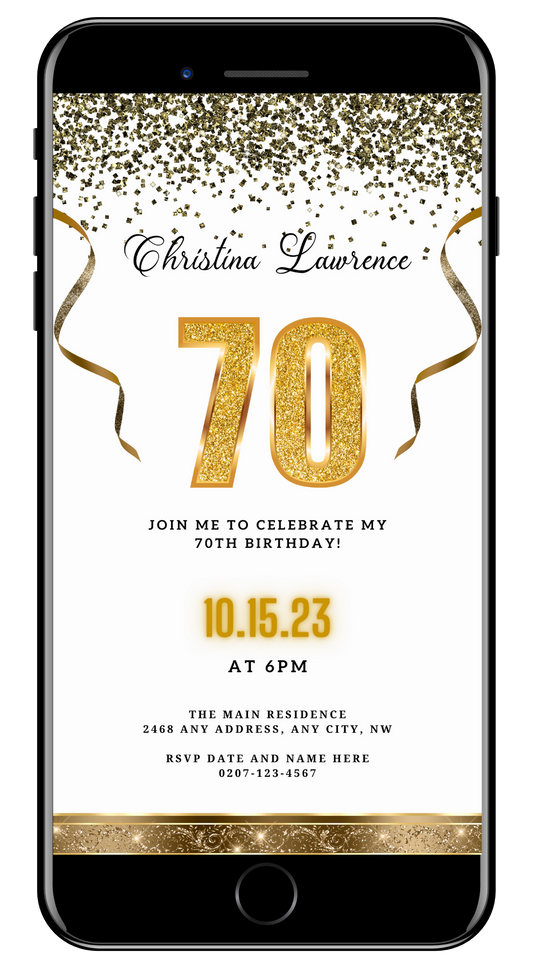 Customizable White Gold Confetti | 70th Birthday Evite displayed on a smartphone screen with gold text and ribbons, ideal for digital invitations.