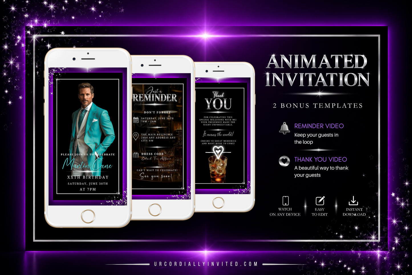 Silver Black Purple Neon Men’s Animated Birthday Invitation Suite