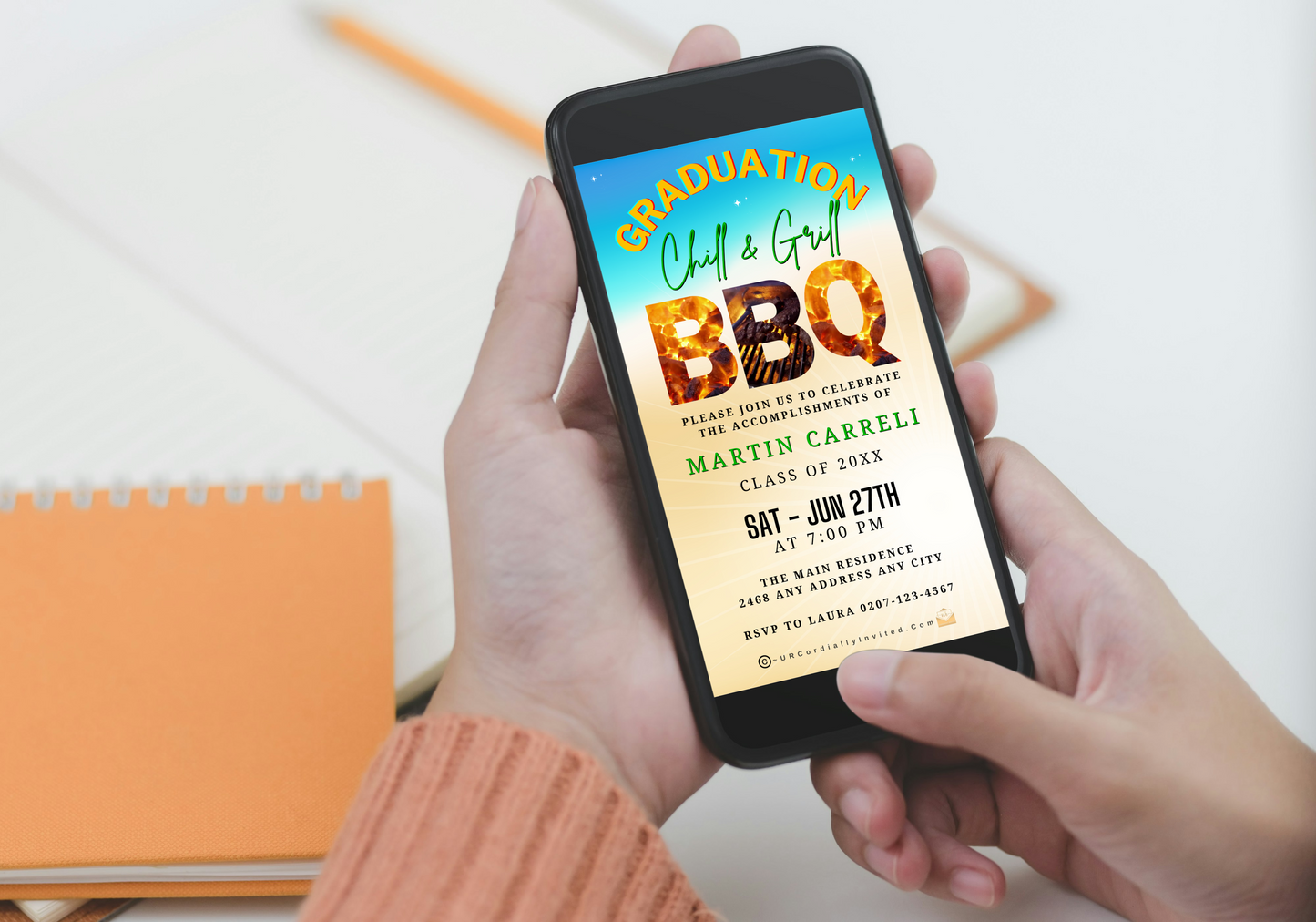 Graduation BBQ Video Invitation displayed on a smartphone, highlighting its customizability for a Chill & Grill party theme.