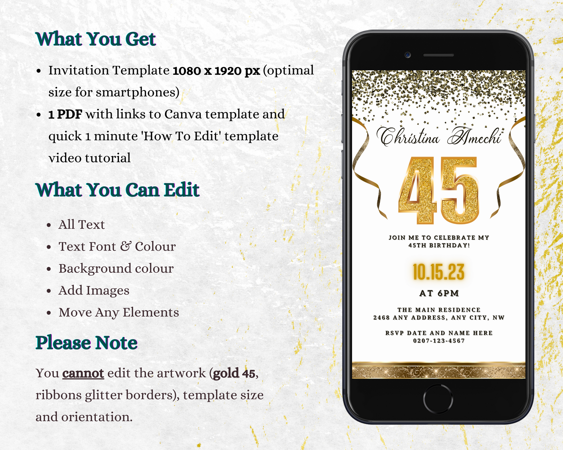 White Gold Confetti 45th Birthday Evite displayed on a smartphone screen, featuring customizable gold text and decorative ribbons.