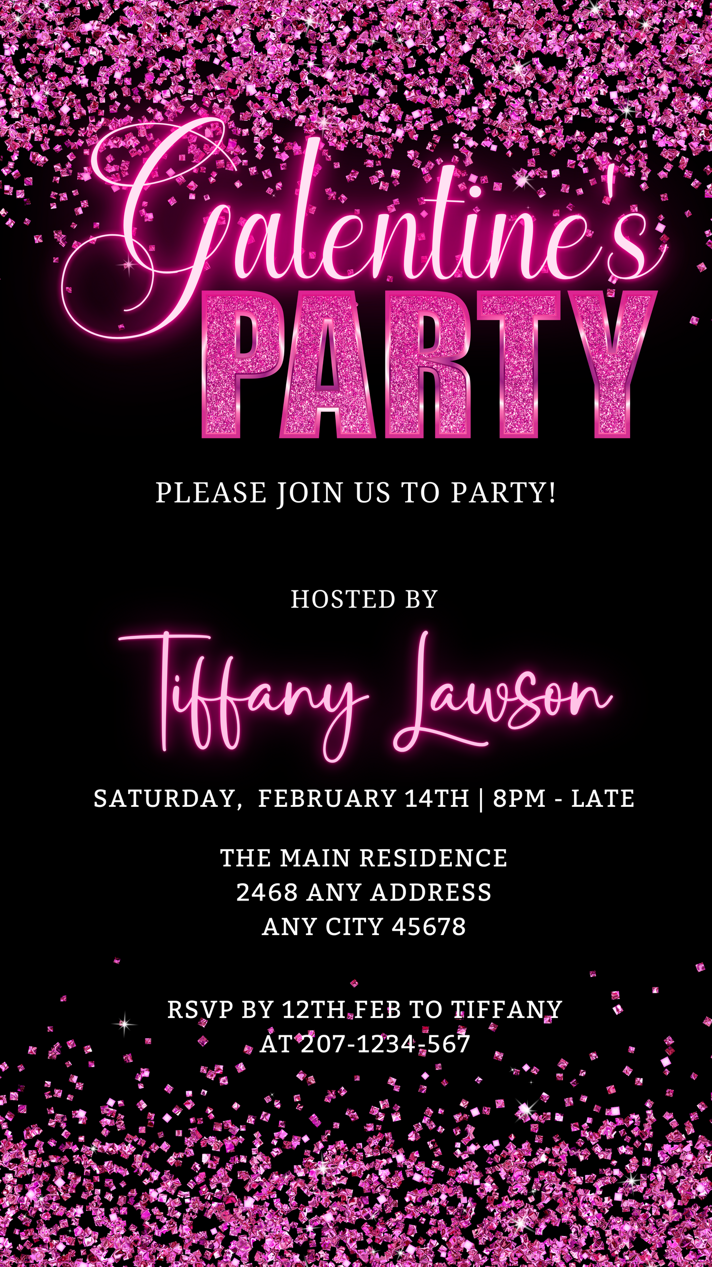 Galentines Neon Pink Confetti | Valentines Party Evite, featuring editable pink text on a black background, perfect for customizing and sending digitally via smartphone.