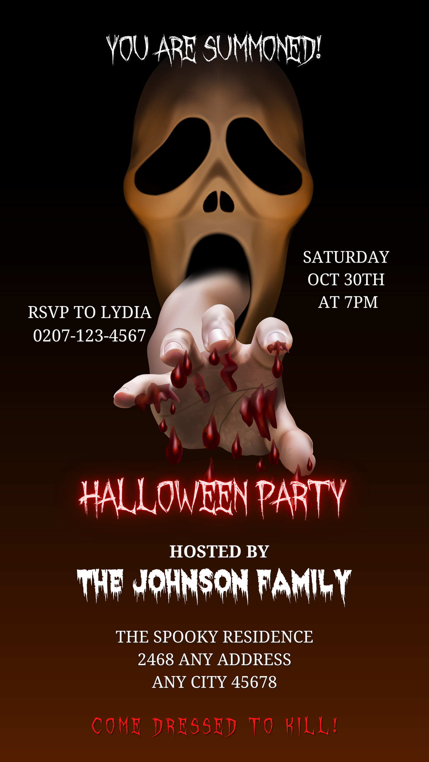Scary Mouth Hand Skull Halloween Evite poster featuring a bloodied hand and customizable white text on a black background.