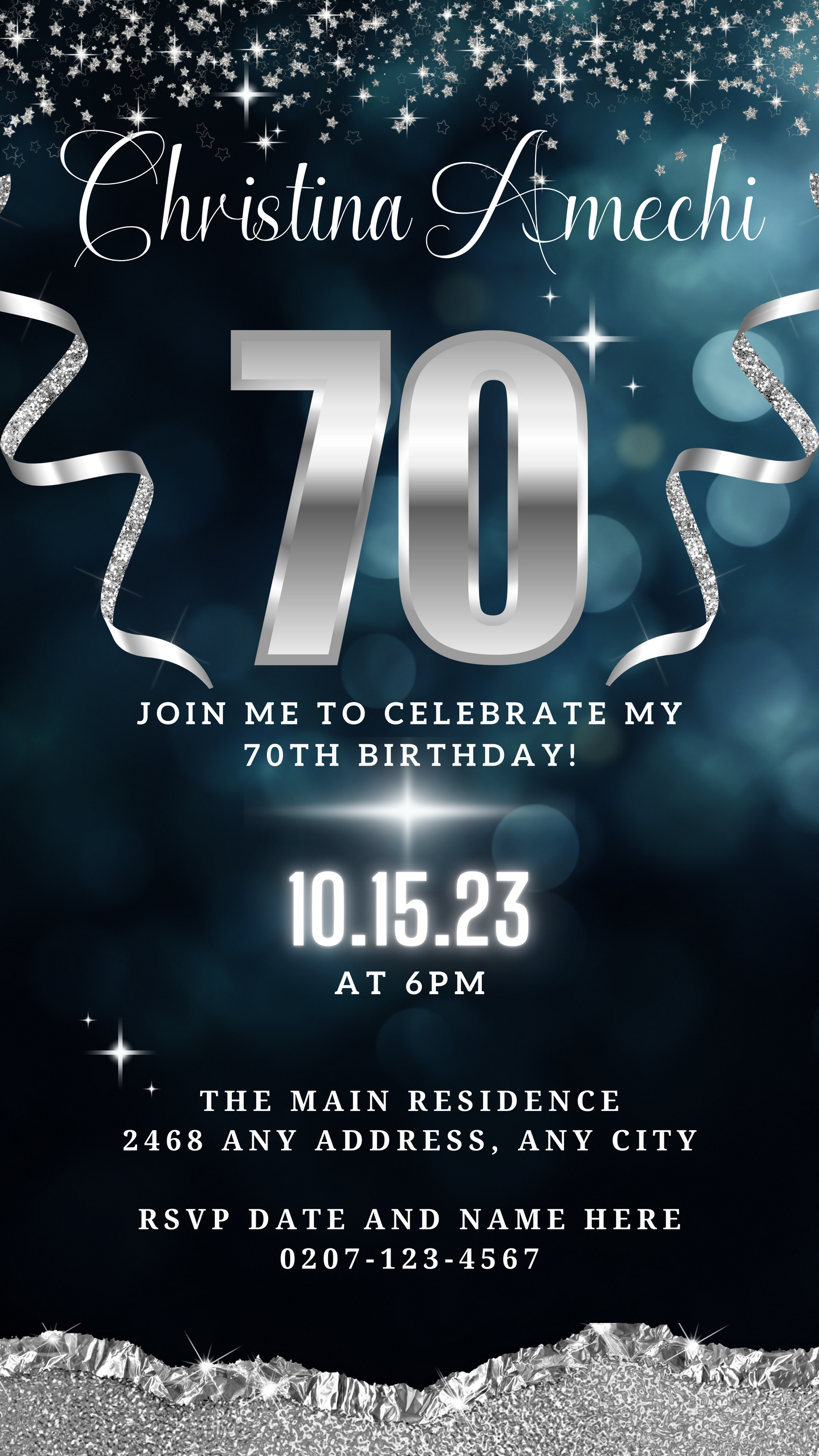 Navy Blue Silver Glitter 70th Birthday Evite with customizable silver text and ribbons, editable via Canva for digital sharing.