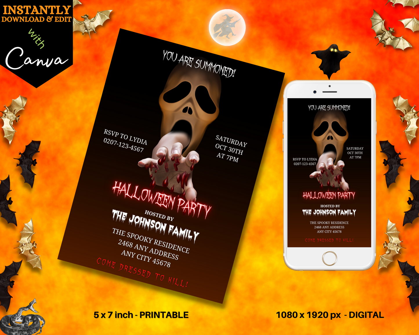 Scary Mouth Hand Skull Halloween Evite displayed on a phone screen beside a matching poster, showcasing a customizable digital invitation template for Halloween events.