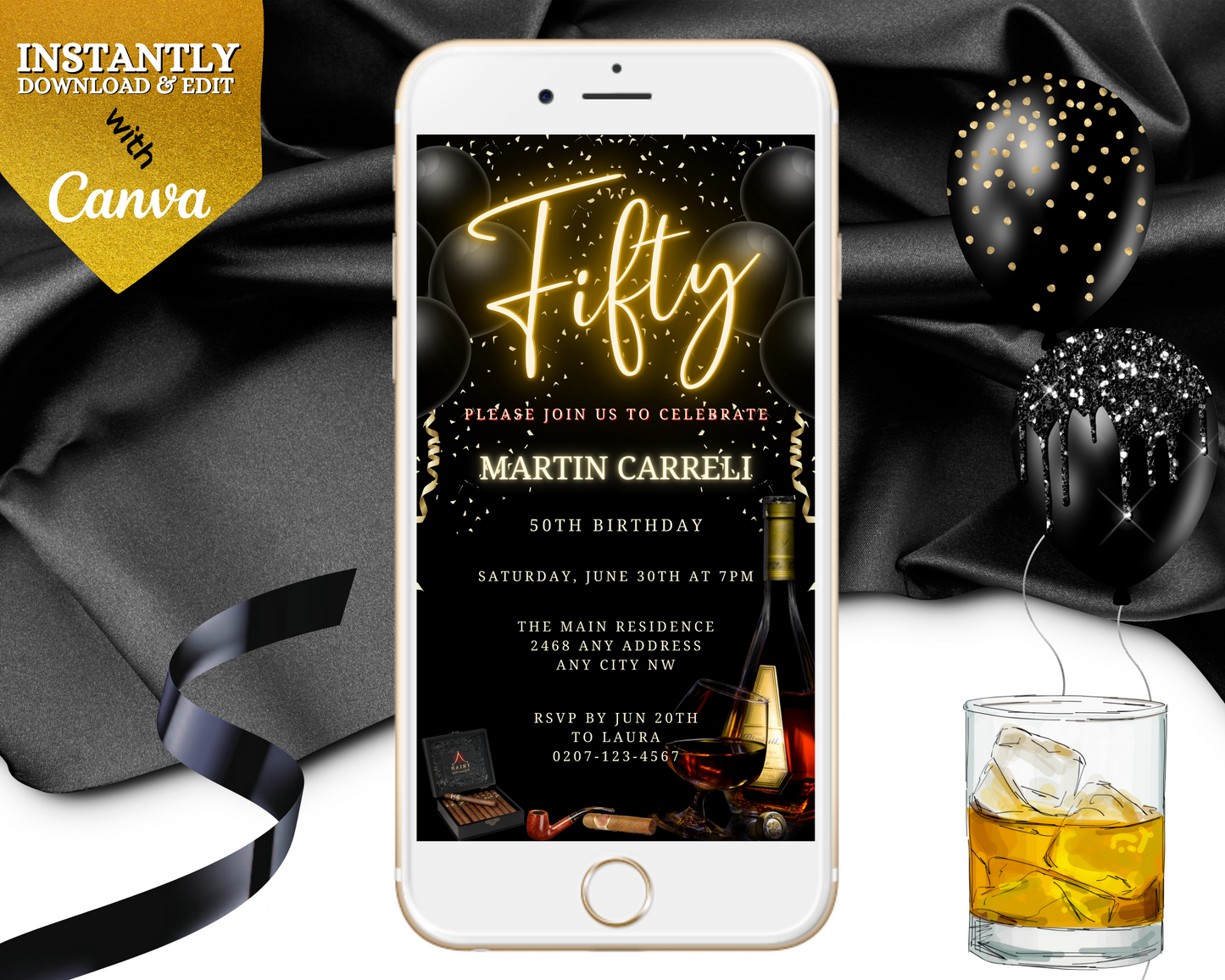 Customizable Digital Black Gold Neon Men's 50th Birthday Evite displayed on a smartphone, surrounded by celebratory items like balloons and a whiskey glass.