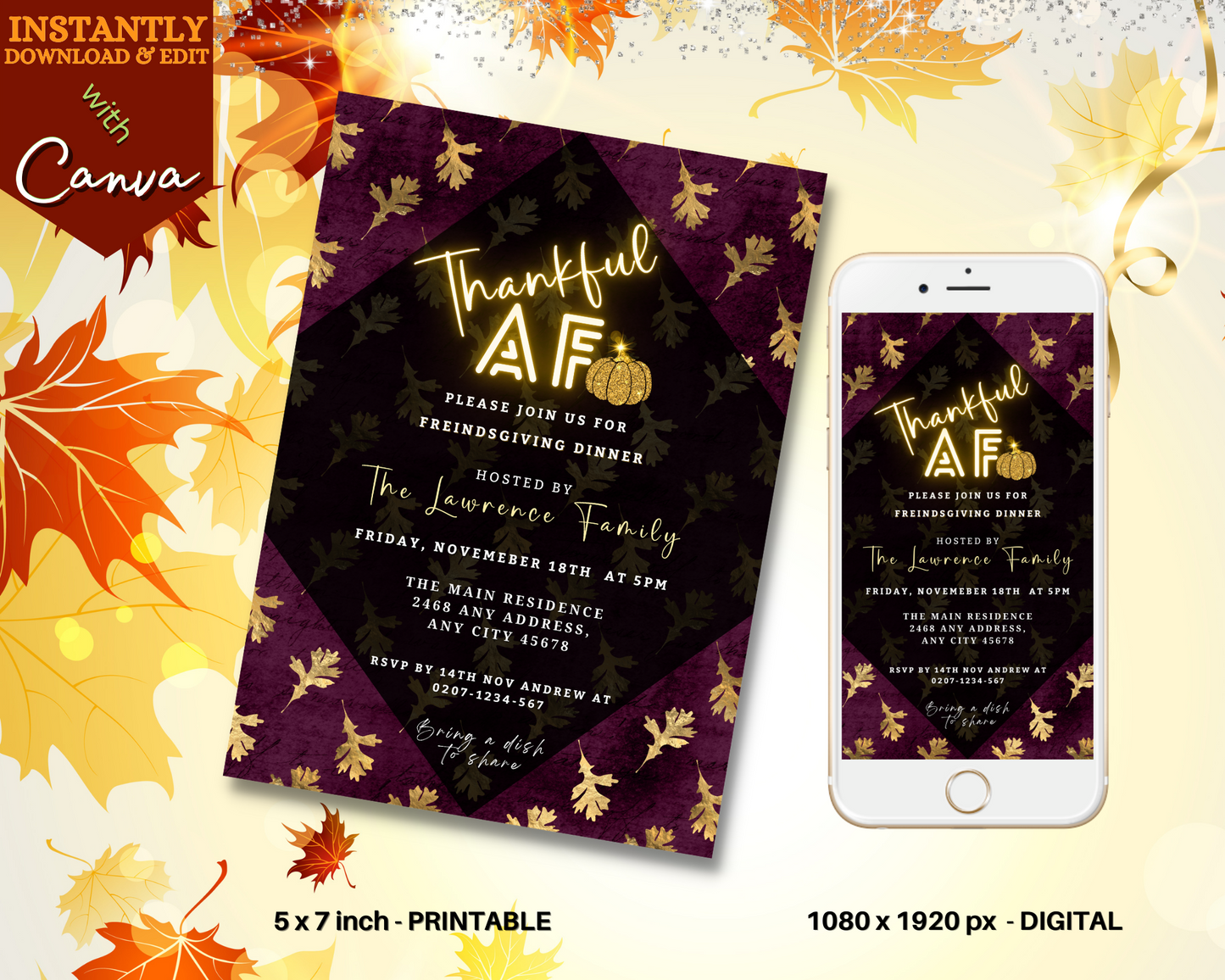 Maroon Gold Falling Leaves Thankful AF Thanksgiving Evite displayed on a smartphone alongside a matching invitation card.