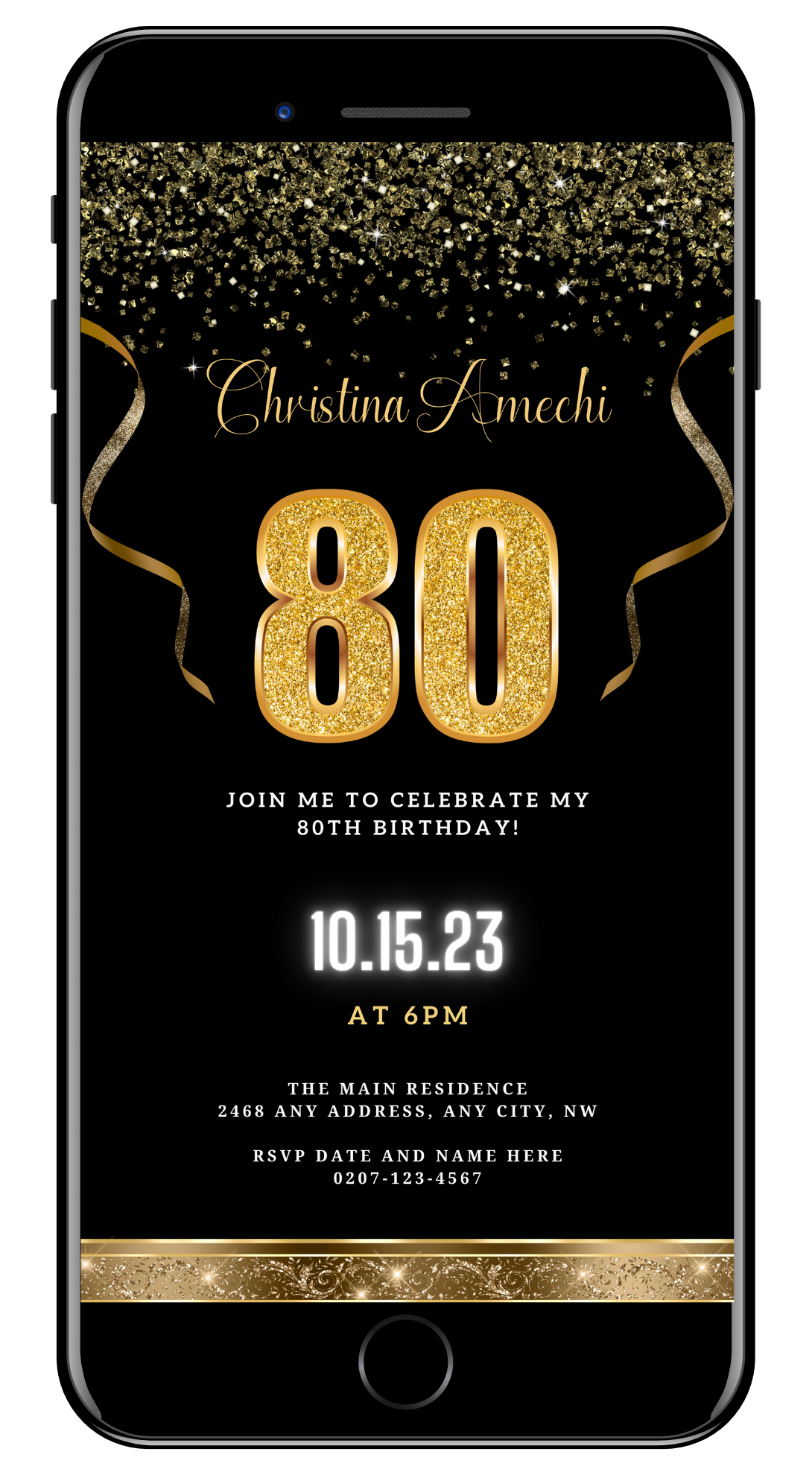 Black Gold Confetti | 80th Birthday Evite featuring customizable text on a black background with gold glittery details and ribbon.