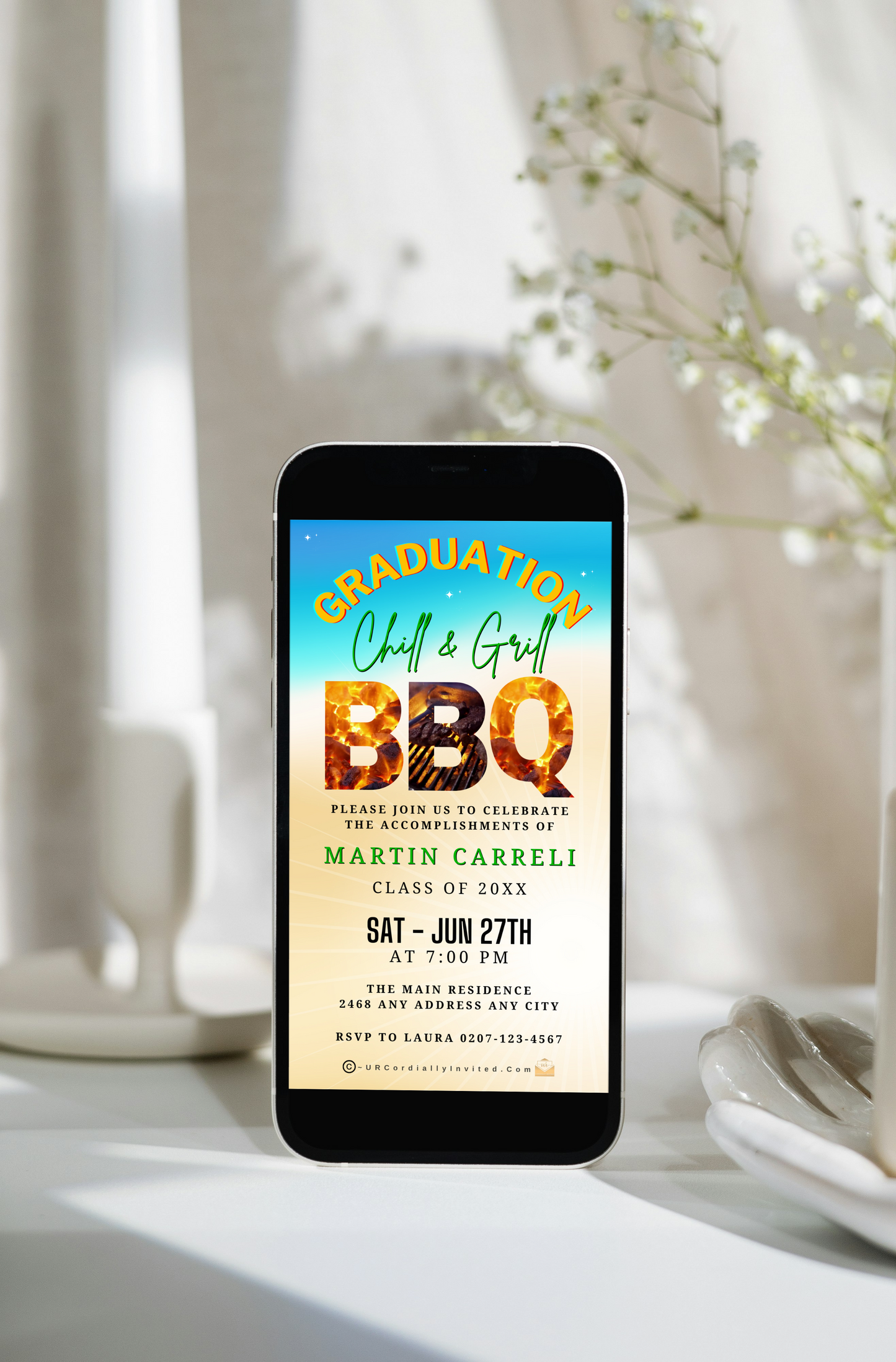 Graduation BBQ Video Invitation - Chill & Grill Party Theme displayed on a smartphone, showcasing a customizable digital invite template for BBQ-themed graduation celebrations.