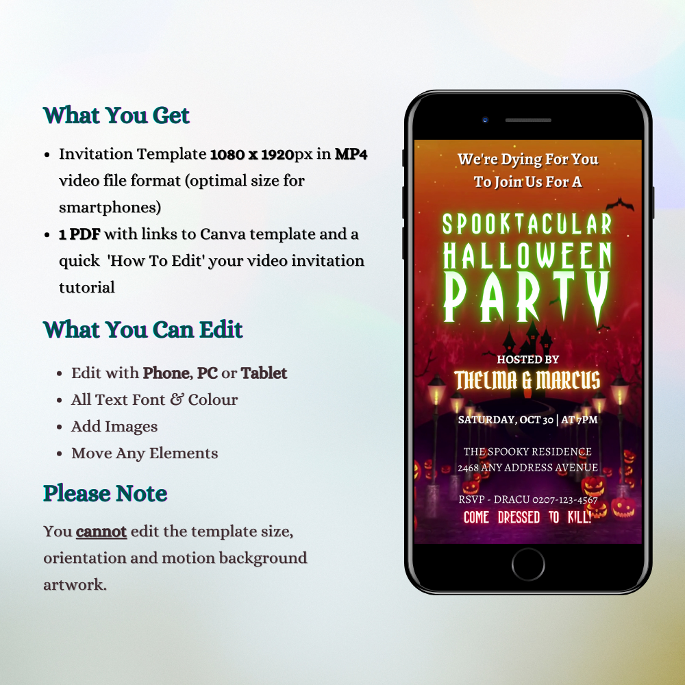 Cell phone displaying a digital Haunted House Road Halloween Party Video Invite with pumpkins and lights.
