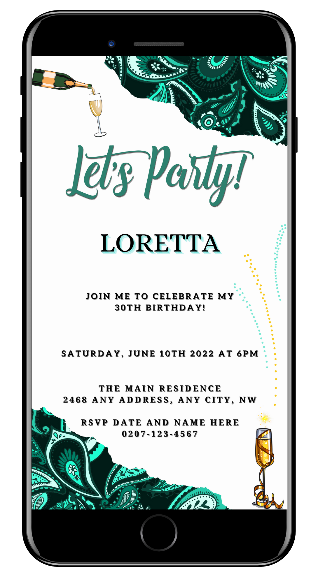African Ankara White Teal Customisable Party Evite displayed on a smartphone screen with sample event details.